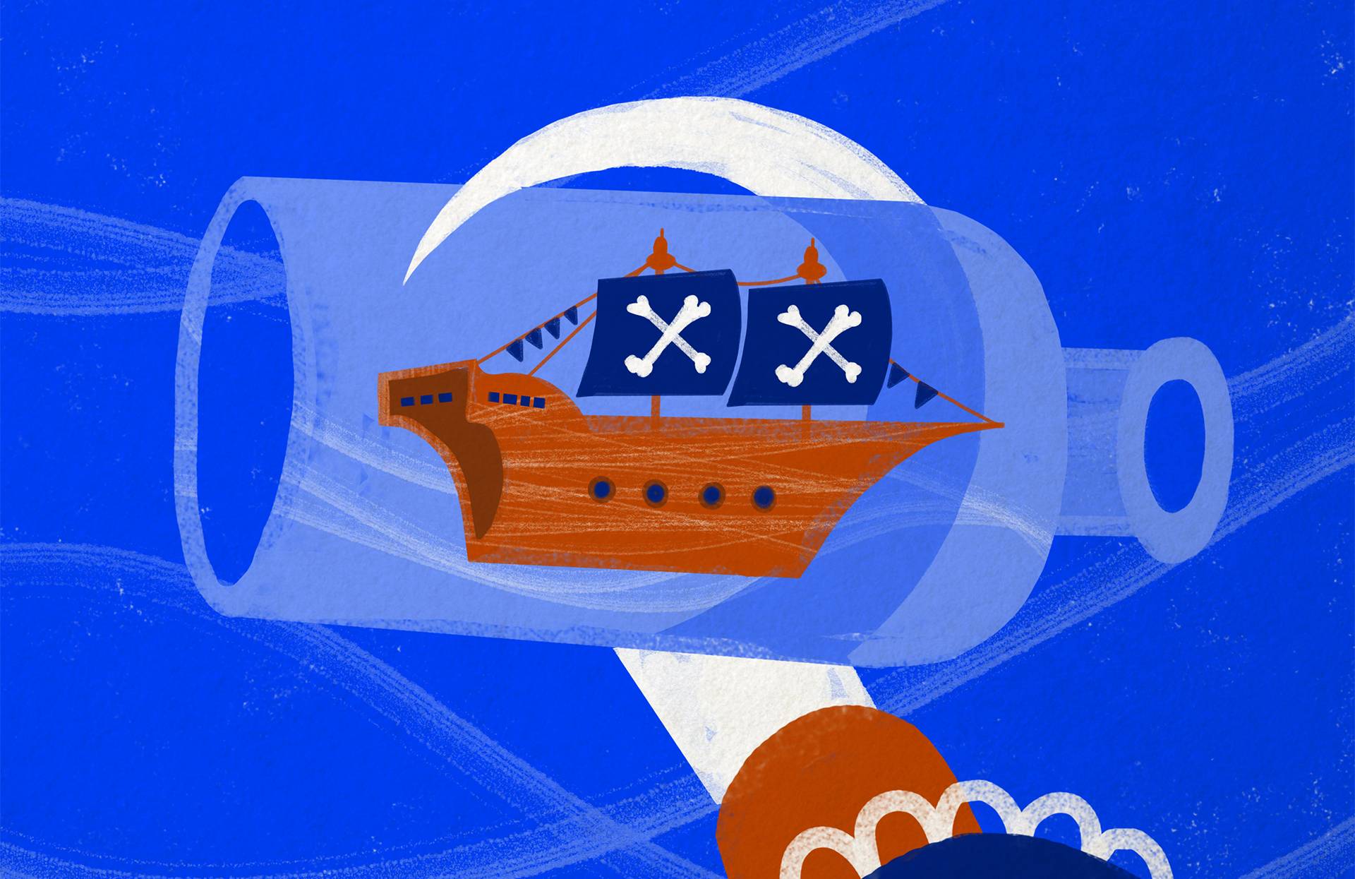 Rysunek przedstawia rękę zakończoną hakiem, która trzyma butlę ze statkiem w środku