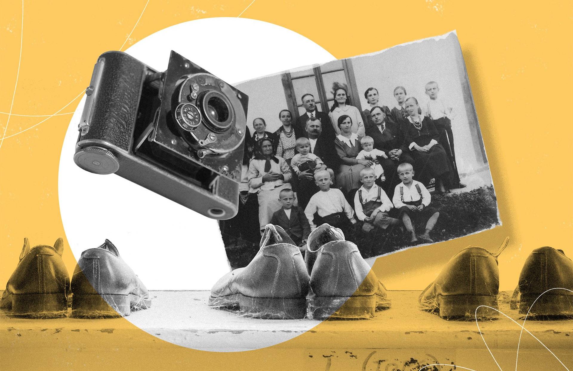 Grafika: zdjęcie chłopskiej rodziny, stary aparat fotograficzny i szafka z butami. Wszystko na żółtym tle nawiązującym do okładki książki "Chłopki"