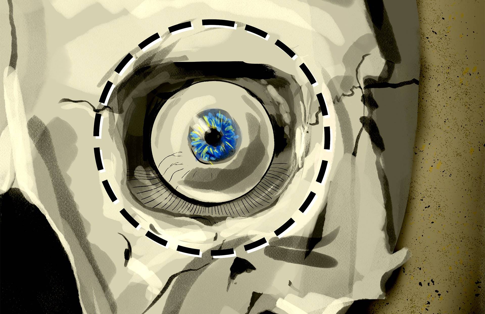 Namalowana cyfrowo ilustracja przedstawiająca czaszkę z widocznym okiem i oczodołem, wokół niego jest okrągła przerywana linia