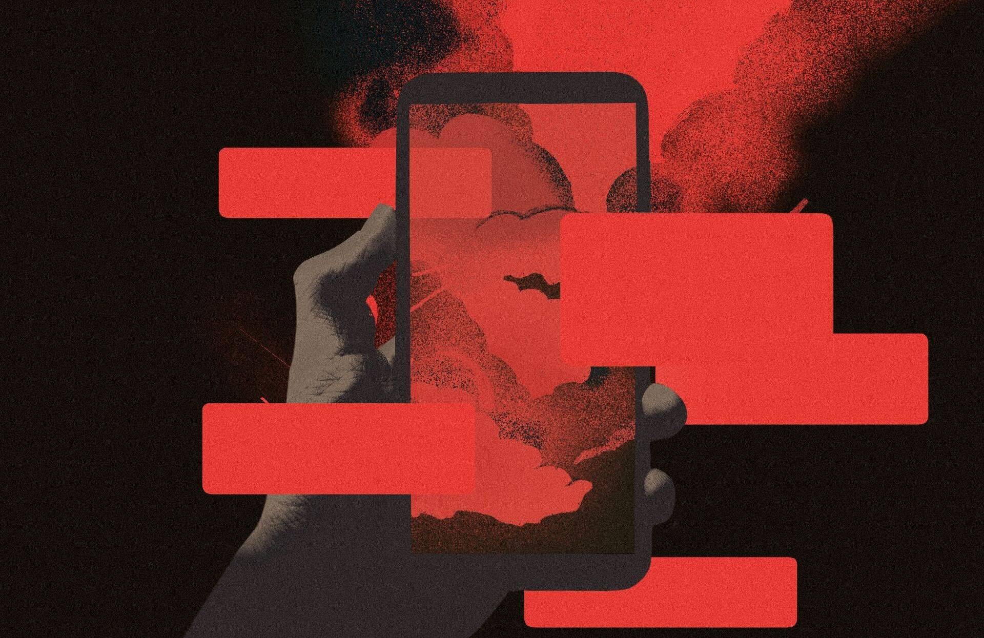 Ilustracja do tekstu o werbowaniu za pośrednictwem platformy Telegram. W centralnej części ilustracji smartfon z czerwonymi polami na wiadomości tekstowe, w tle ogień