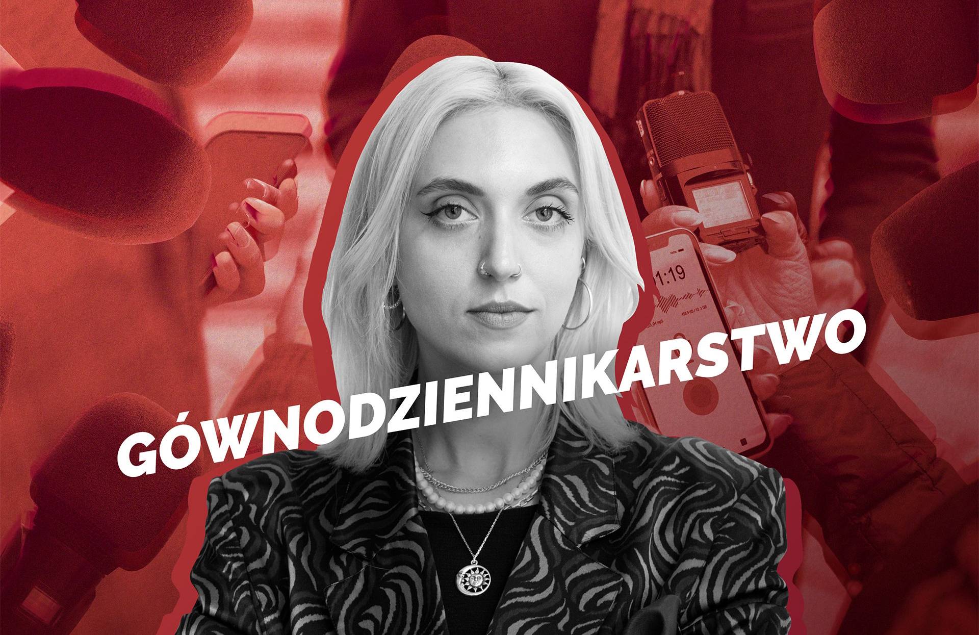 Ciemnoczerowna grafika z jasn a sylwetką kobiety i napisem "Gównodziennikarstwo"