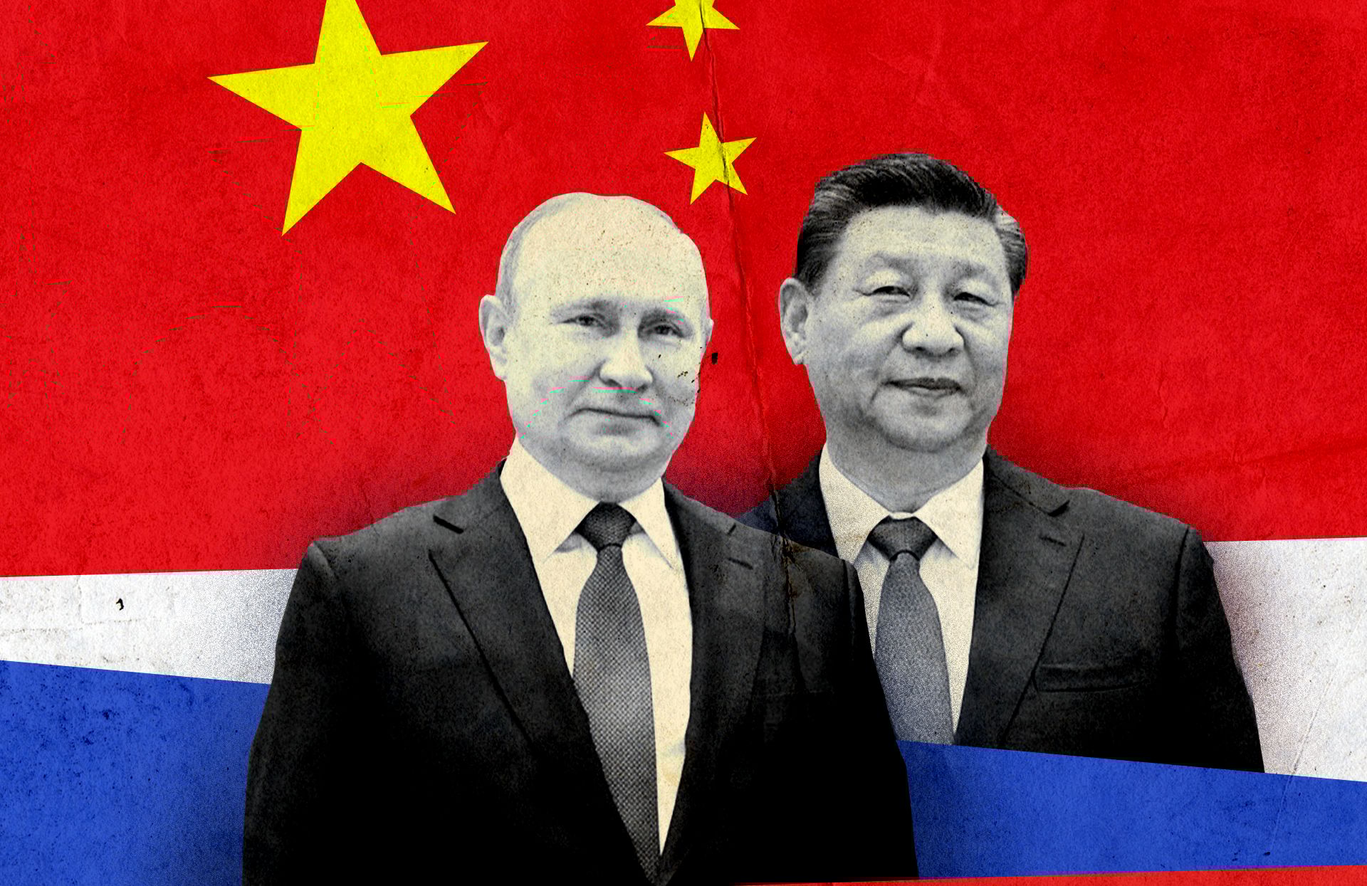 Władimir Putin i Xi Jinping, między nimi kolory flagi rosyjskiej, w tle flaga chińska