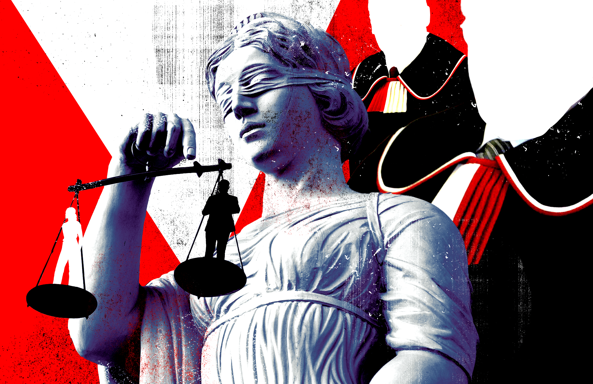 ilustracja przedstawia Temidę i postacie bez twarzy w togach stojące za nią