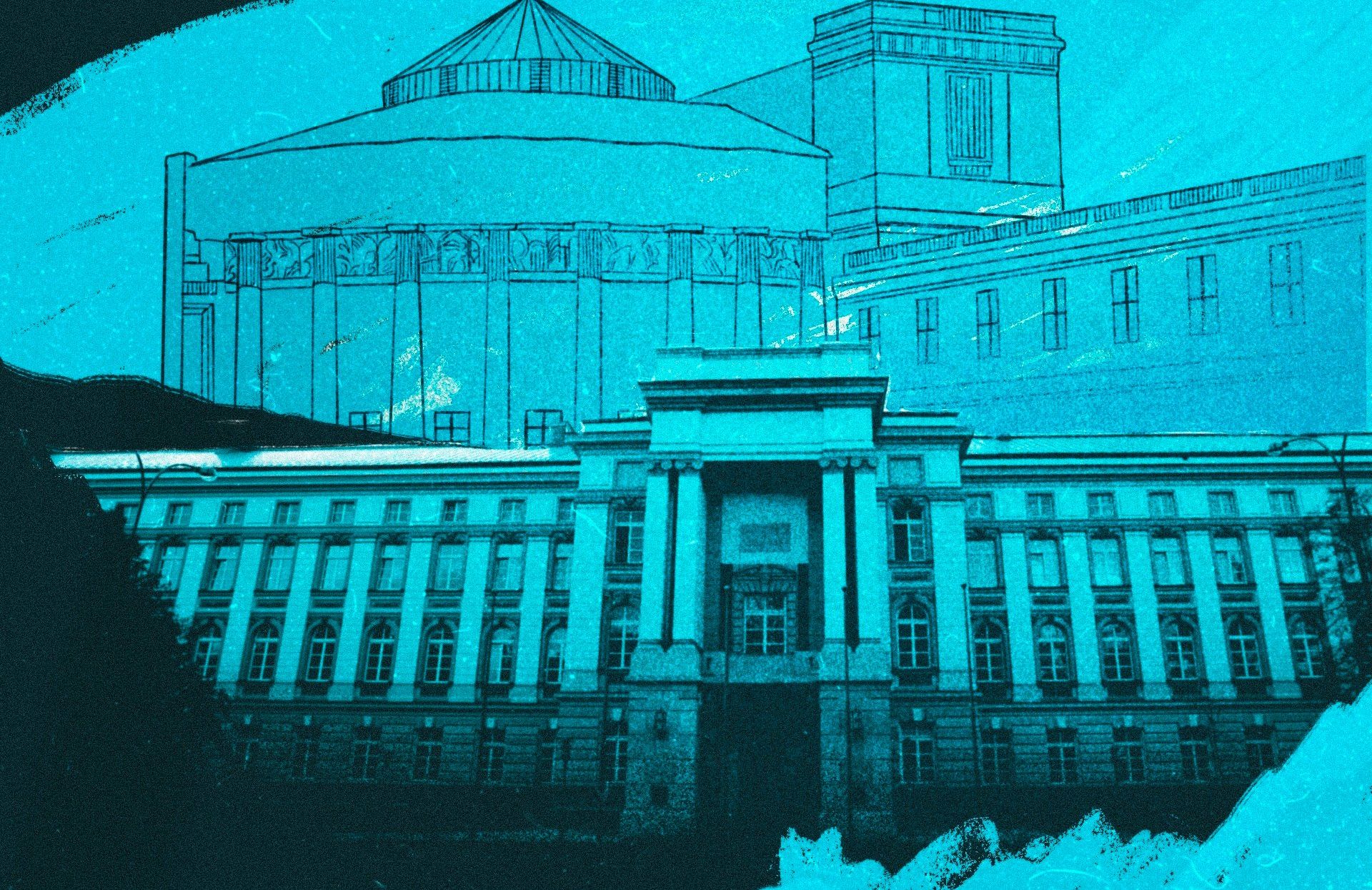 Niebieska grafika przedstawiająca budynki sejmu i kancelarii premiera
