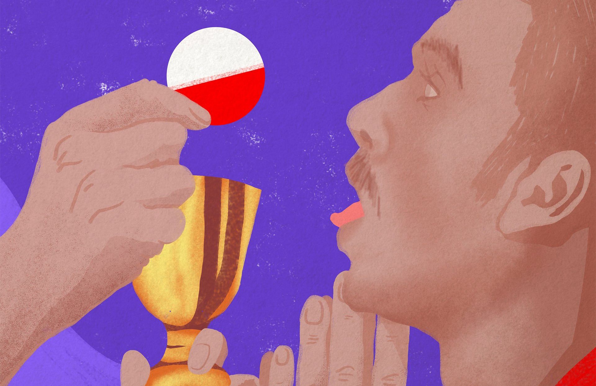 ilustracja przedstawia mężczyznę, który przyjmuje biało-czerwoną komunię