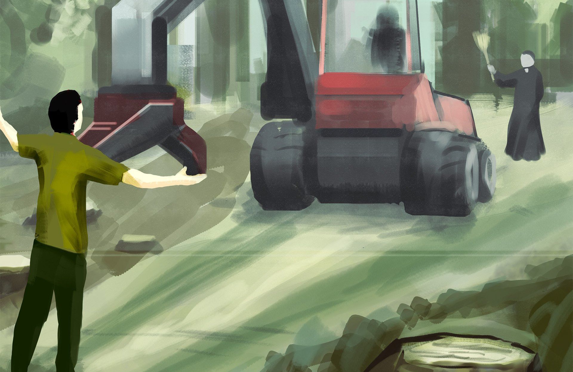 Ilustracja przedstawiająca harvester - maszynę do wycinania drzew - który blokuje stojący na drodze mężczyzna. Za maszyną idzie ksiądz z kropidłem. Po obu stronach drogi pnie po ściętych drzewach. Puszcza Białowieska