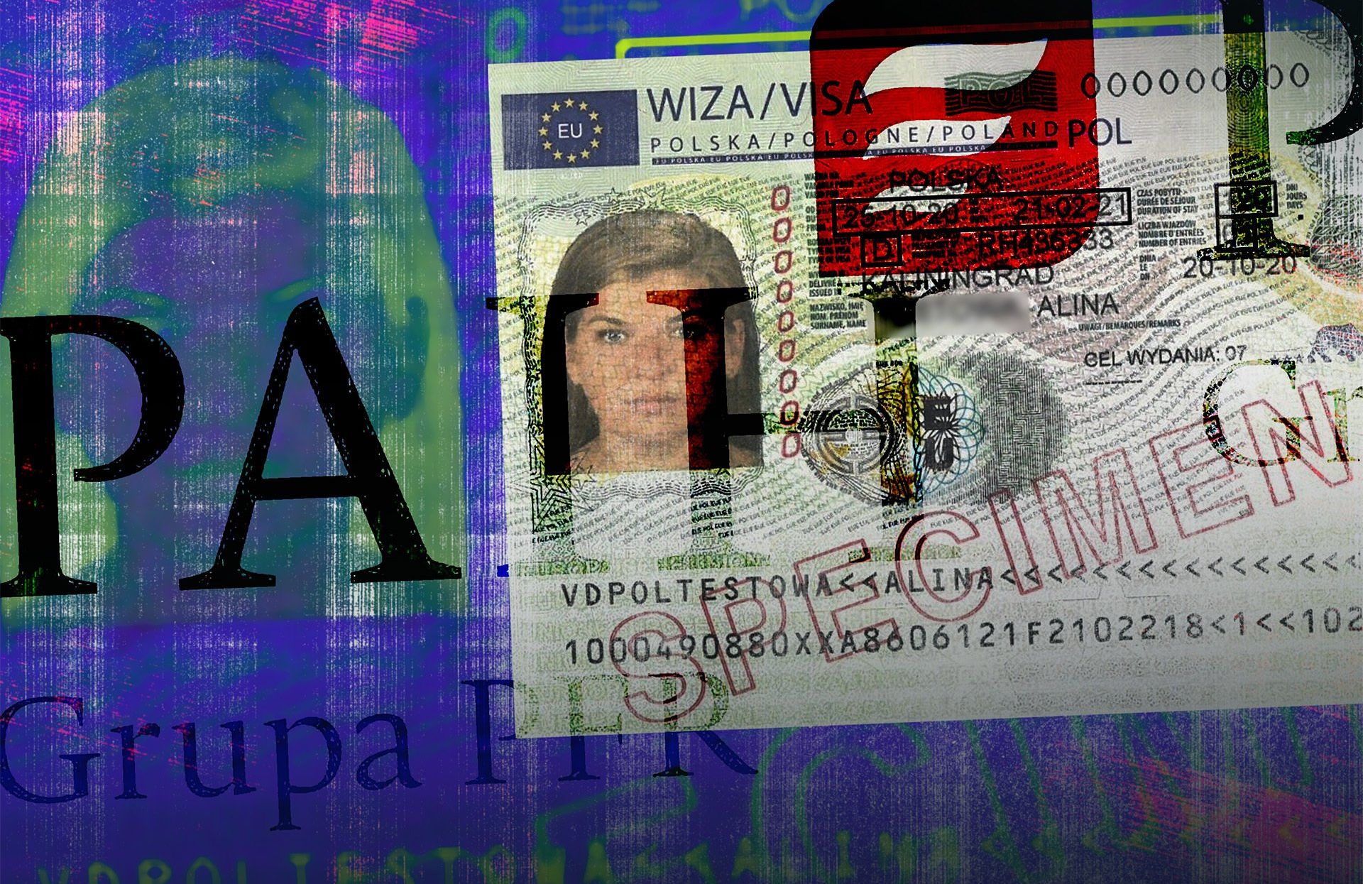 Ilustracja. Na niebieskim tle unijna wiza.