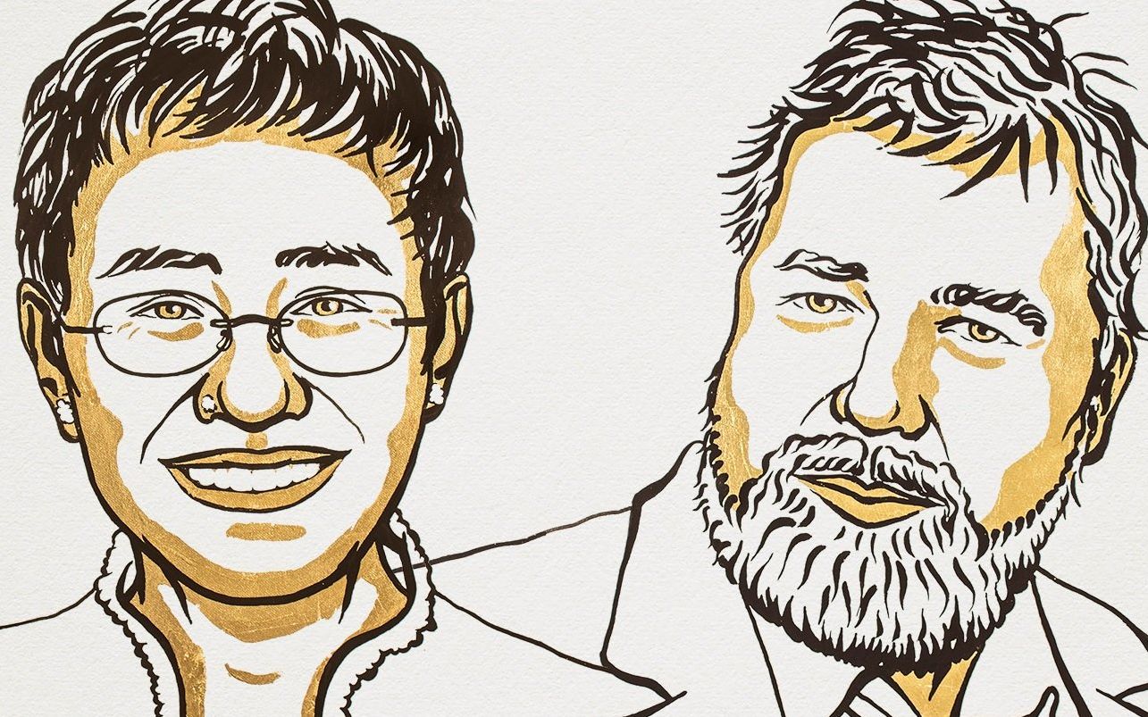 Grafika do artykułu Dziennikarze Maria Ressa i Dmitrij Muratow z pokojowym Noblem. "Za odważną walkę o wolność słowa"