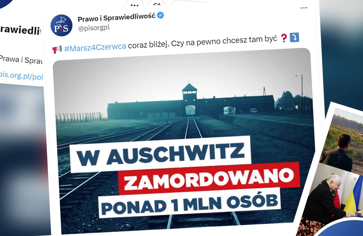 Zrzuty ekranu z Twittera, z tweetem z konta "Prawo i Sprawiedliwość" z kadrem z klipu video przedstawiającym obóz koncentracyjny Auschwitz