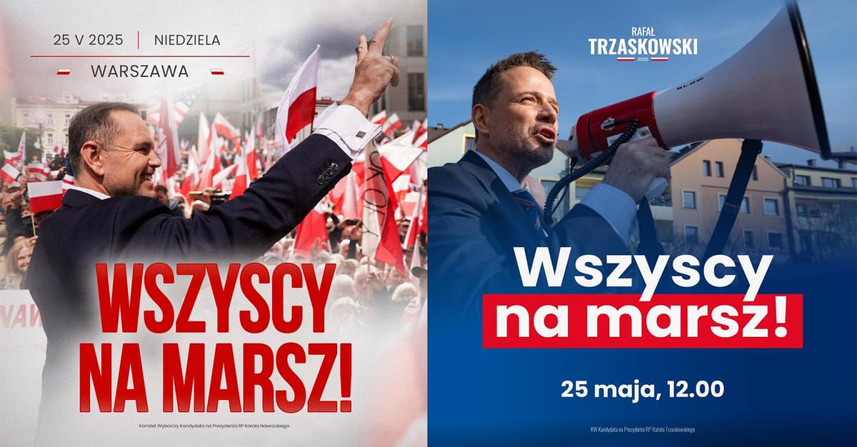Trzaskowski i Nawrocki przemaszerują przez Warszawę tego samego dnia