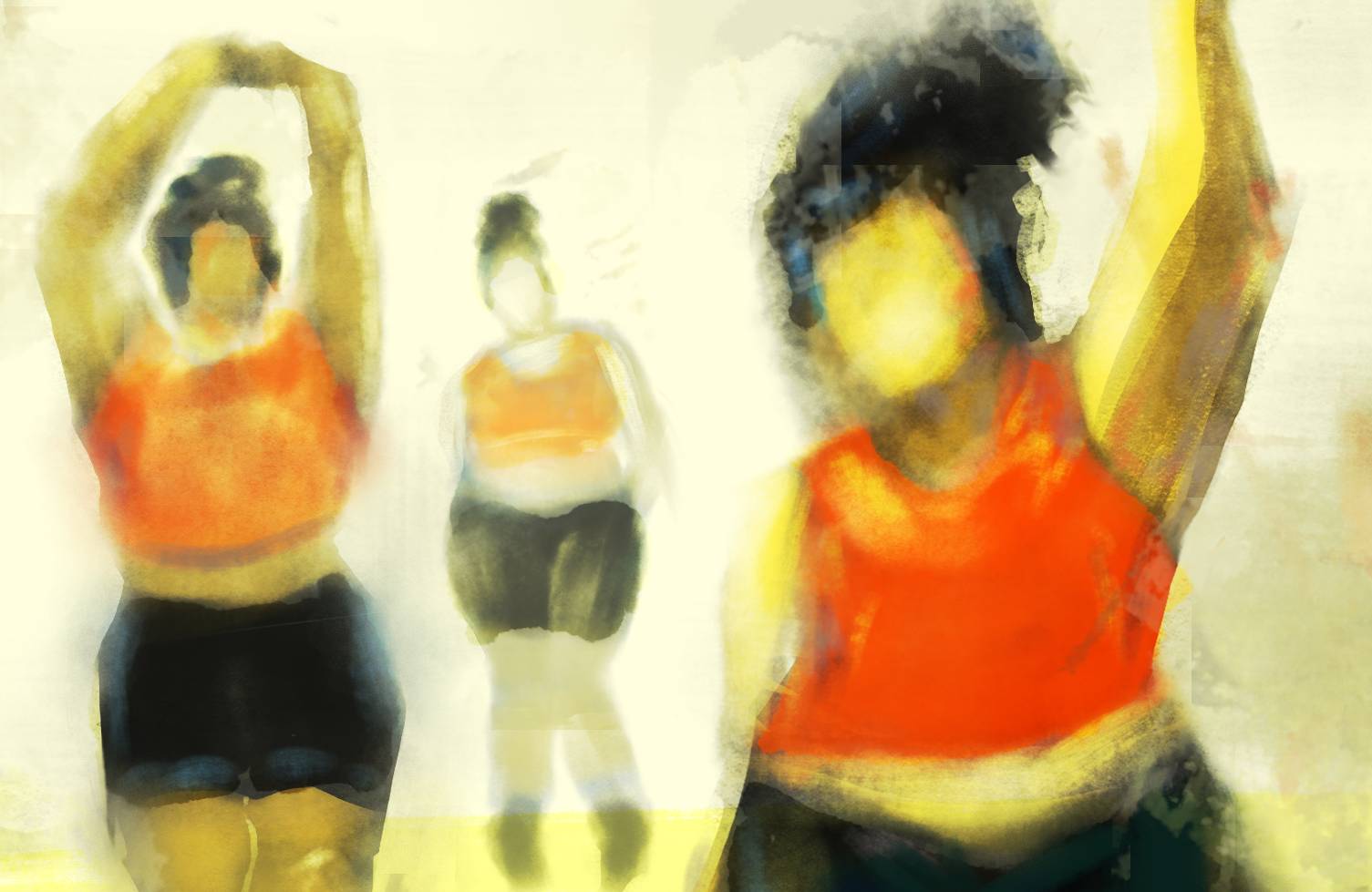 Malarstwo cyfrowe - trzy postaci przedstawiające dużą kobietę w tanecznych pozach