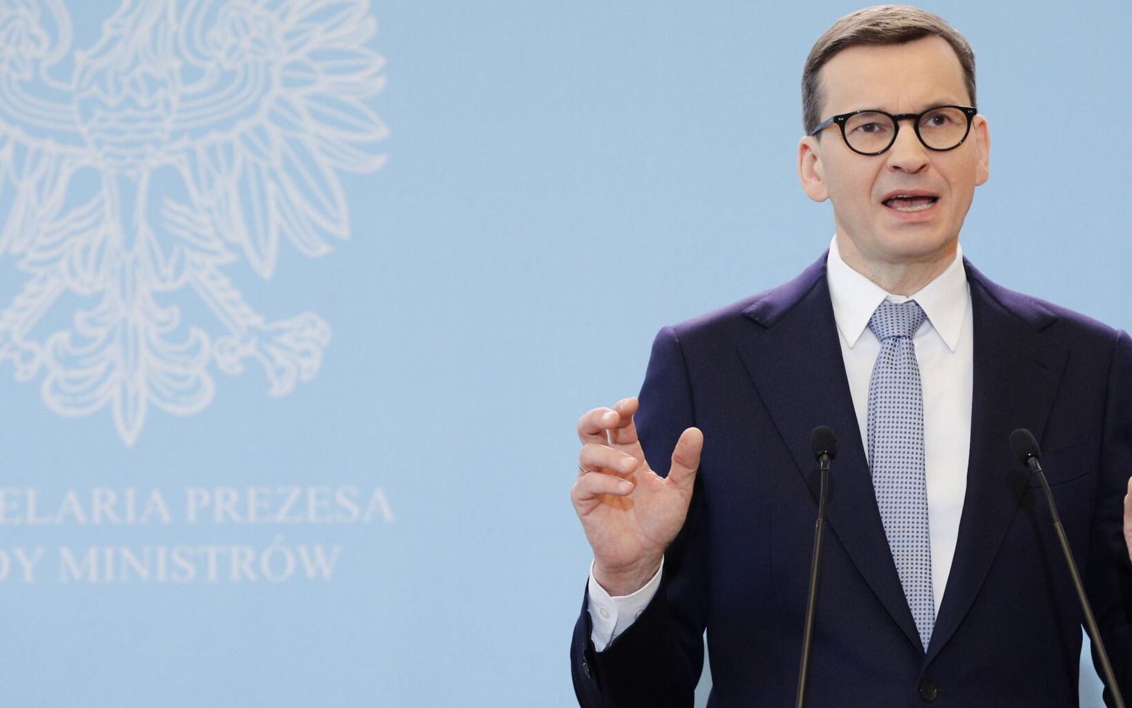 08.04.2022 Warszawa , Aleje Jerozolimskie 1 / 3 . Kancelaria Prezesa Rady Ministrow . Wizyta premier Republiki Moldawii Natalii Garvility . Premier Polski Mateusz Morawiecki podczas konferencji prasowej .
Fot. Dawid Zuchowicz / Agencja Wyborcza.pl