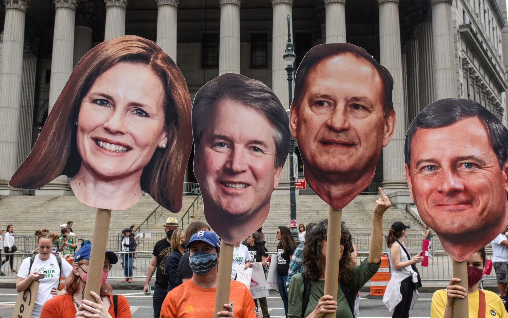 NEW YORK, NY - MAY 14: Abortion rights supporters hold signs of U.S. Supreme Court Justices as they participate in a rally and march on May 14, 2022 in New York City. Abortion rights supporters are holding rallies around the country urging lawmakers to affirm abortion rights into law after a leaked draft from the U.S. Supreme Court exposed a potential decision to overturn Roe v. Wade.   Stephanie Keith/Getty Images/AFP (Photo by STEPHANIE KEITH / GETTY IMAGES NORTH AMERICA / Getty Images via AFP)