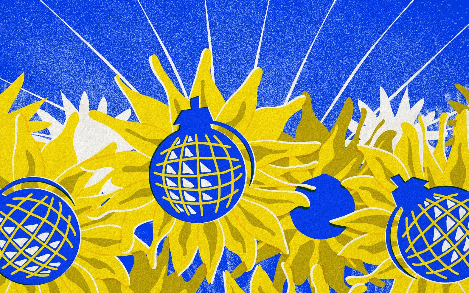 Grafika. Na tle niebieskiego nieba - zołte słoneczniki (barwy Ukrainy). Słoneczniki mają środki z niebieskich bomb