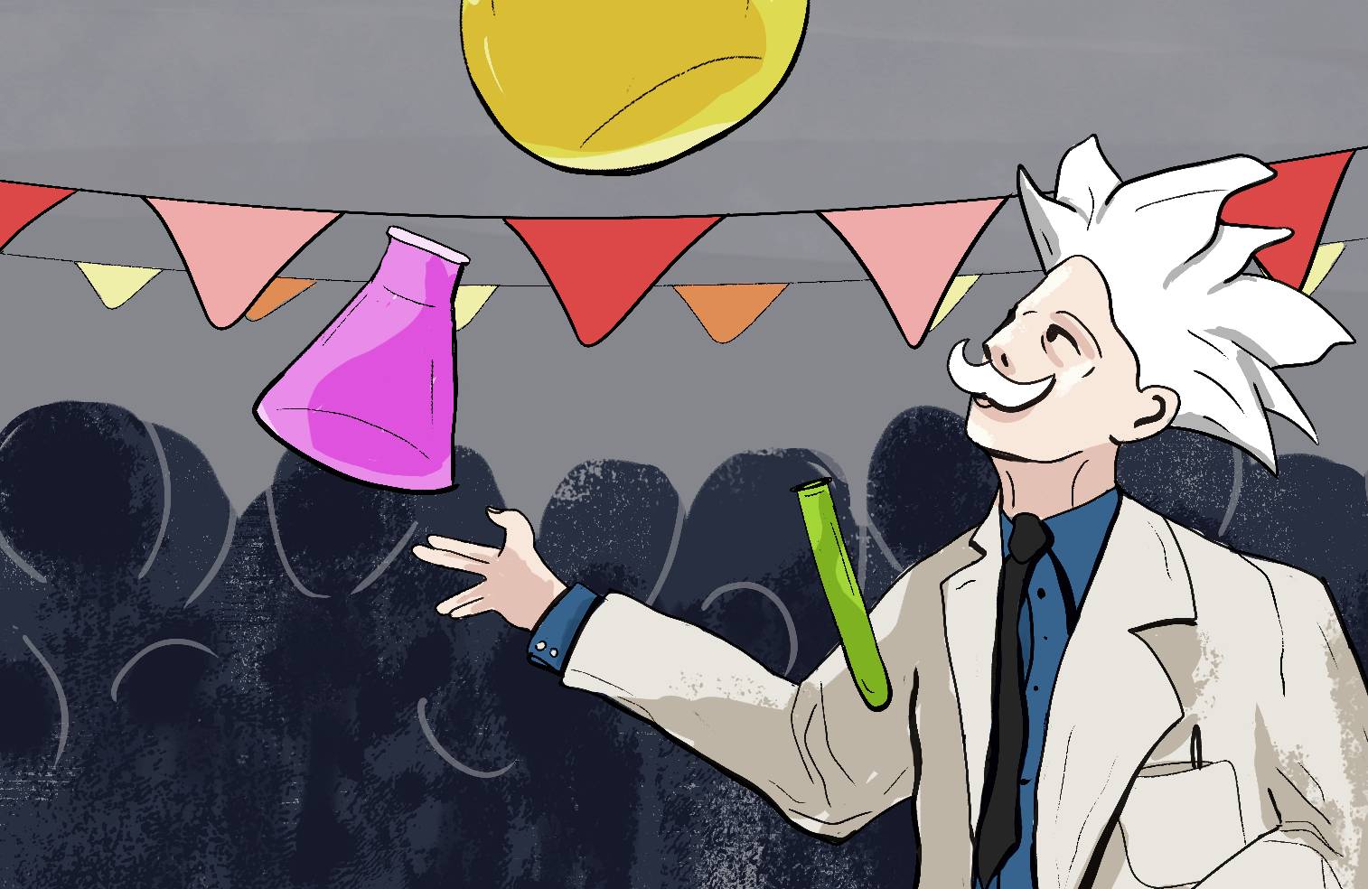 Naukowiec w kitlu laboratoryjnym i bujnymi siwymi włosami żongluje kolorowymi fiolkami