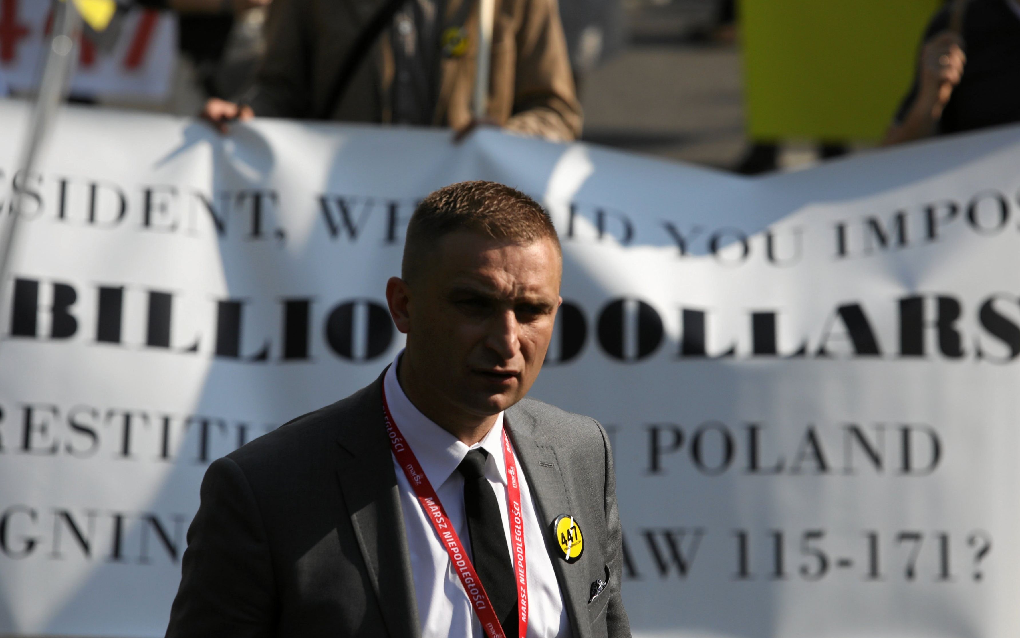 11.05.2019 Warszawa . Stop 447 - marsz zorganizowany przez ONR i srodowiska narodowe przeciwko amerykanskiej ustawie JUST 447, dot. roszczen diaspory zydowskiej w odzyskaniu tzw. mienia bezspadkowego .Nz. Robert Bakiewicz .
Fot. Maciek Jazwiecki / Agencja Gazeta