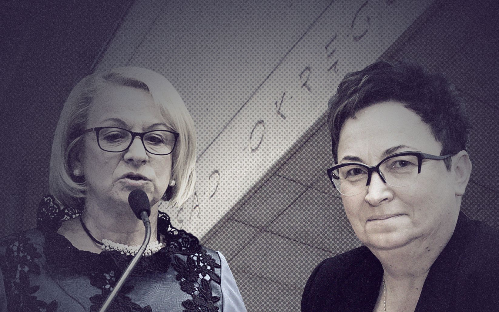 Kolaż zawierający zdjęcia dwóch kobiet: Grażyny Welon, radnej PiS oraz Ewy Szoty, radnej PO. W tle zdjęcie budynku z fragmentem napisu "Sąd Okręgowy"