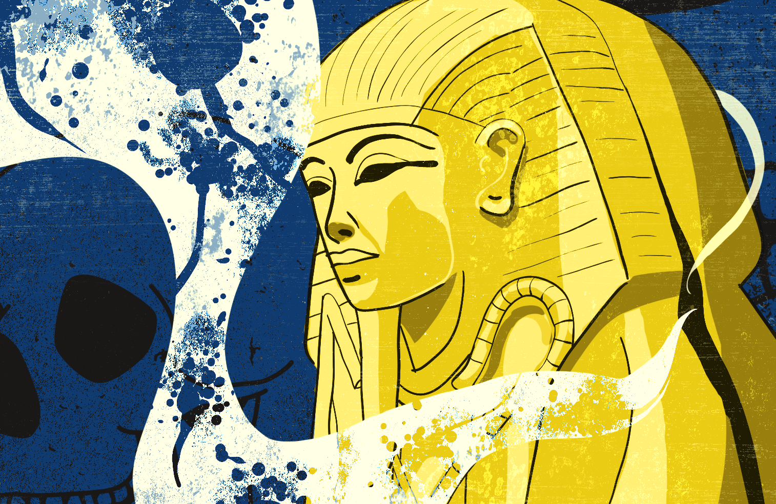Ilustracja – sarkofag faraona Tutenhamona, z którego wydobywają się opary zawierające zarodniki grzybów, w tle trupie czaszki