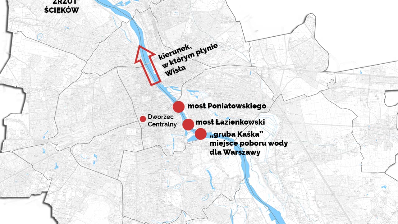 mapa Warszawy z oznaczeniem miejsca awaryjnego zrzutu ścieków oraz miejsca poboru wody pitnej dla Warszawy