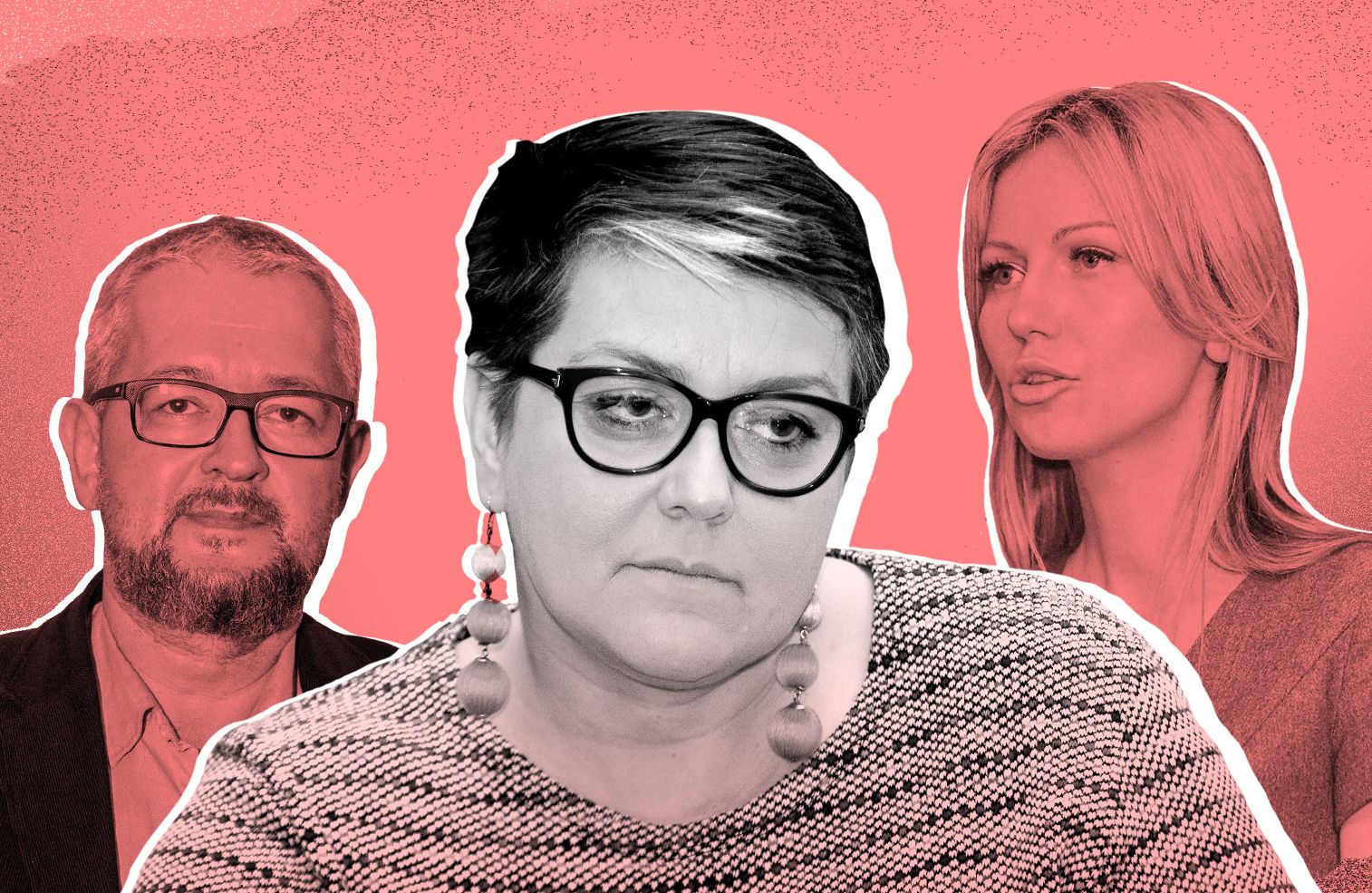 Ilustracja przedstawiająca Rafała Ziemkiewicza, Magdalenę Ogórek i Elżbietę Podleśną. Podleśna na pierwszym planie w okularach, swetrze i krótkiej fryzurze..