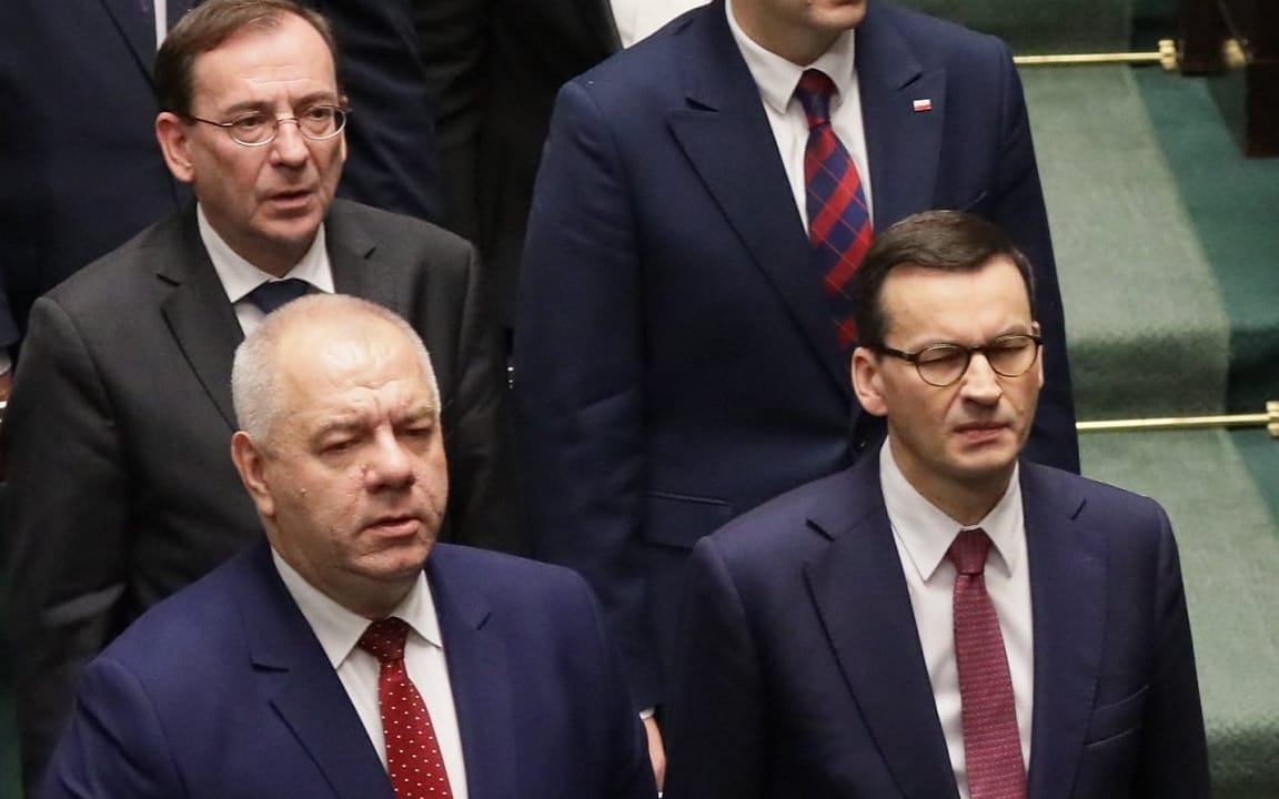 12.11.2019  Warszawa , ul Wiejska , Sejm . Prezes PiS Jaroslaw Kaczynski oraz partyjna wierchuszka , m.in. Ryszard Terlecki , Mariusz Blaszczak , Leonard Krasulski , Piotr Glinski , Mateusz Morawiecki , Mariusz Kaminski , Marek Suski , Elzbieta Witek i Jacek Sasin podczas pierwszego posiedzenia Sejmu IX kadencji .
Fot. Slawomir Kaminski / Agencja Gazeta