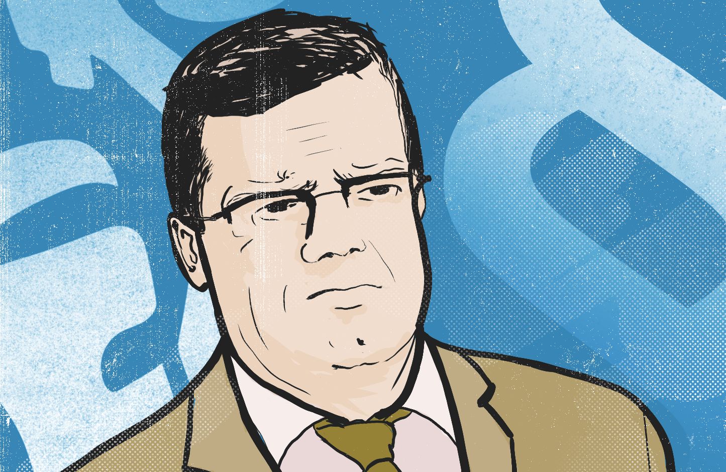 ilustracja przedstawia mężczyznę w okularach i beżowym garniturze na tle paragrafów