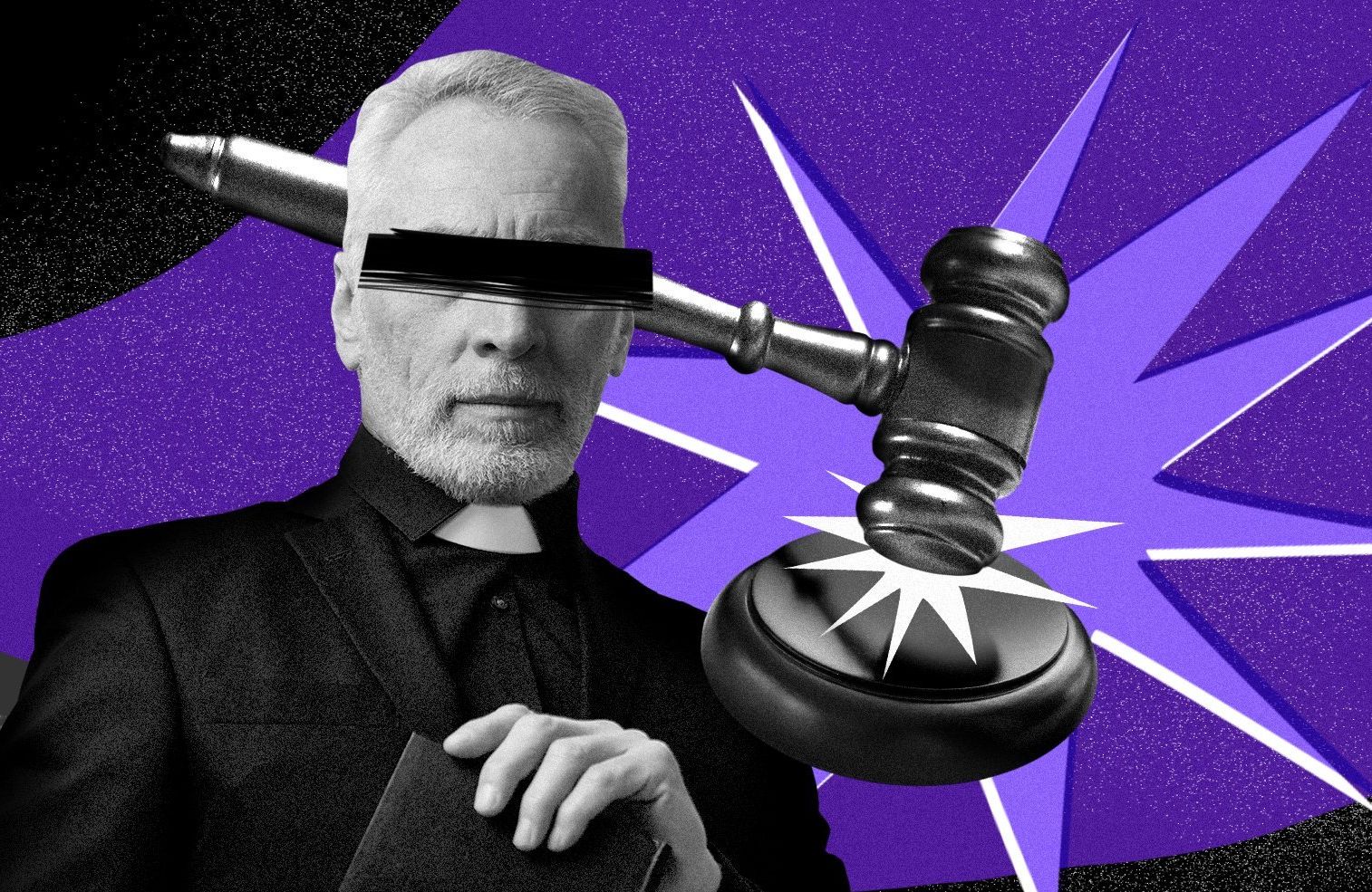 Ilustracja przedstawiająca księdza z czarnym paskiem na oczach, a w tle sądowy młotek oznaczający wyrok.