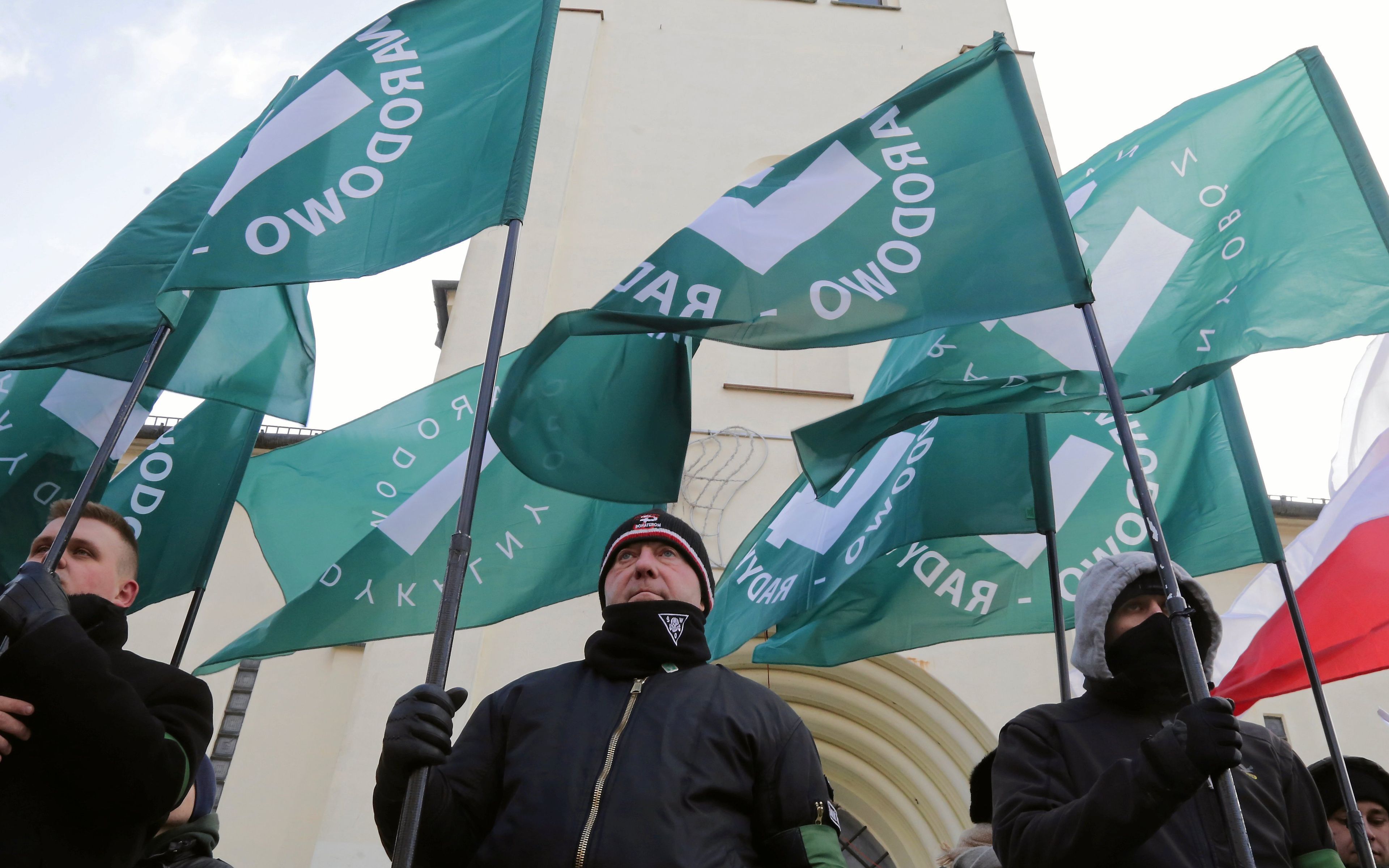 24.02.2018 Hajnowka . Trzeci Hajnowski Marsz Zolnerzy Wykletych zorganzowany zorganzowany przez ONR , Narodowa Hajnowke , gloryfkujacy postac z okresu powojennego Burego .
Fot. Agnieszka Sadowska/ Agencja Gazeta. *** Local Caption *** .