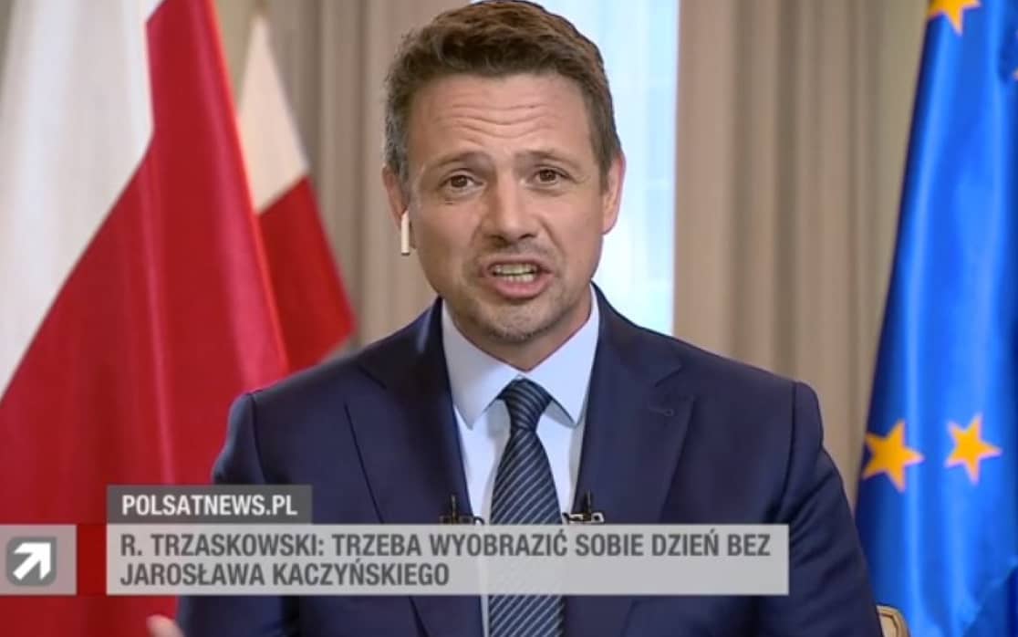 Grafika do artykułu Trzaskowski w Polsacie, słowo w słowo. "Wyobraźmy sobie dzień bez Jarosława Kaczyńskiego"