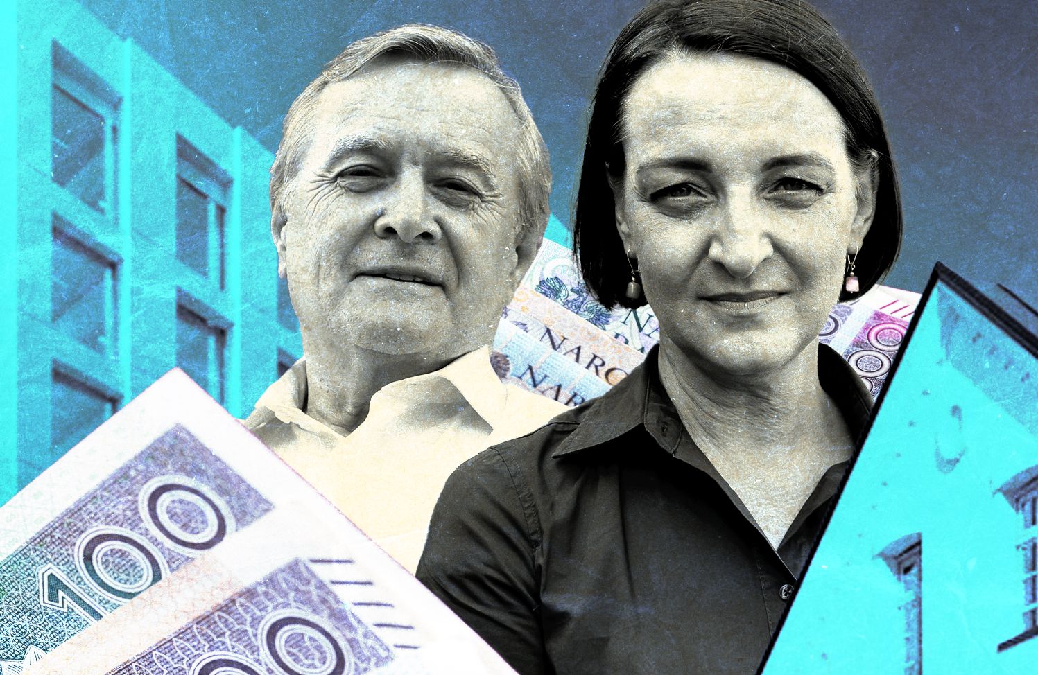 Kolaż: Magdalena Gawin i Piotr Gliński, w tle i na pierwszym planie wizualizacje budynków Instytutu oraz banknoty o nominałach 100, 200 i 500 złotych