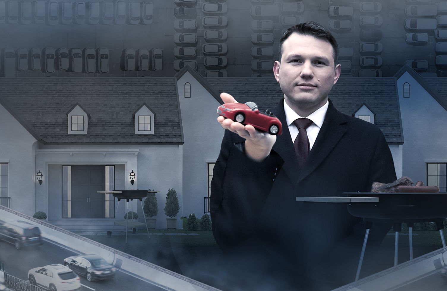 Kolaż przedstawia Sławomira Mentzena, który trzyma w dłoni mały samochodzik. W tle parking, na pierwszym planie autostrady