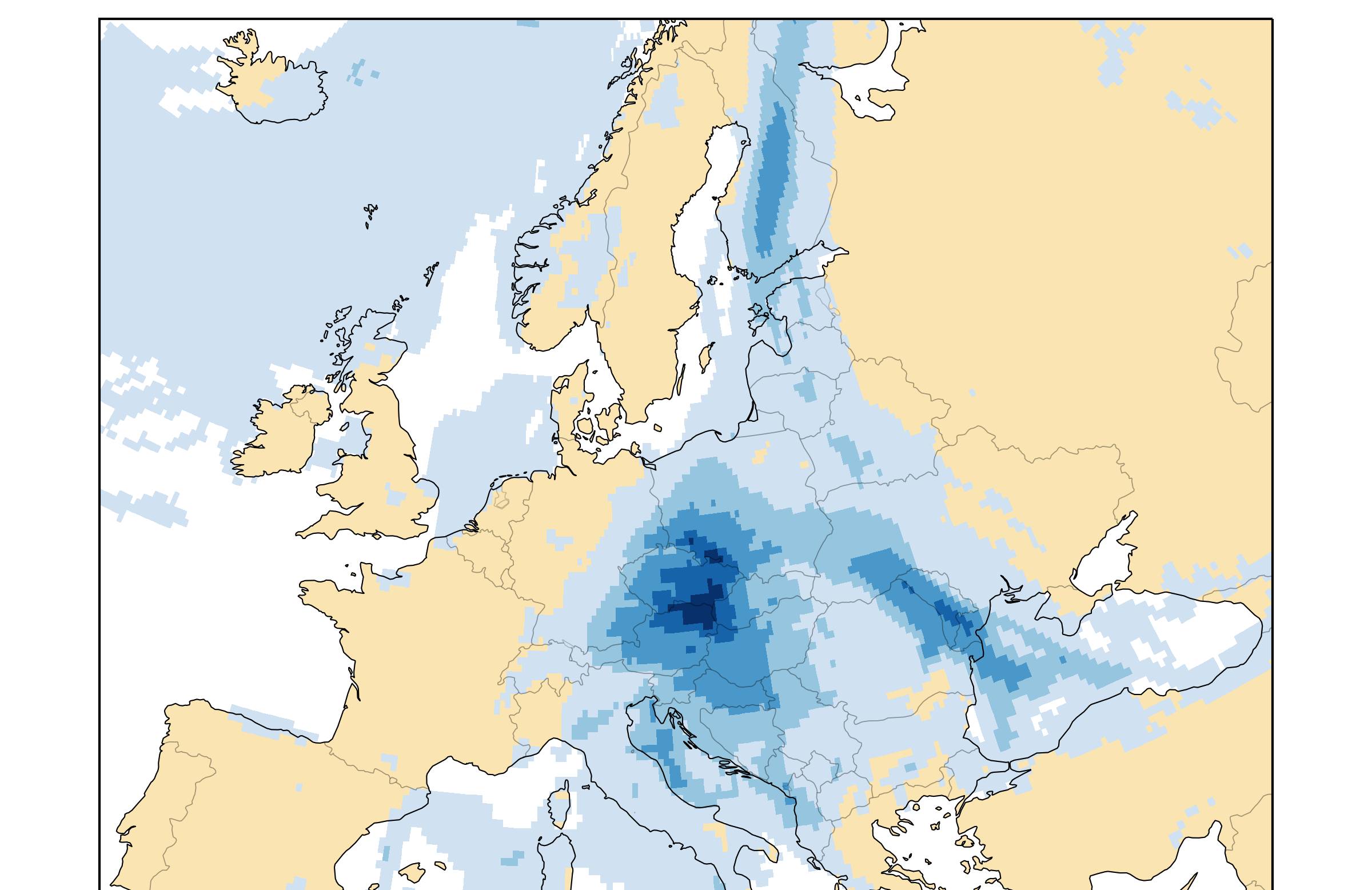 Mapa Europy pojazująca zasięg gigantycznych opadów deszczy w środku kontynentu