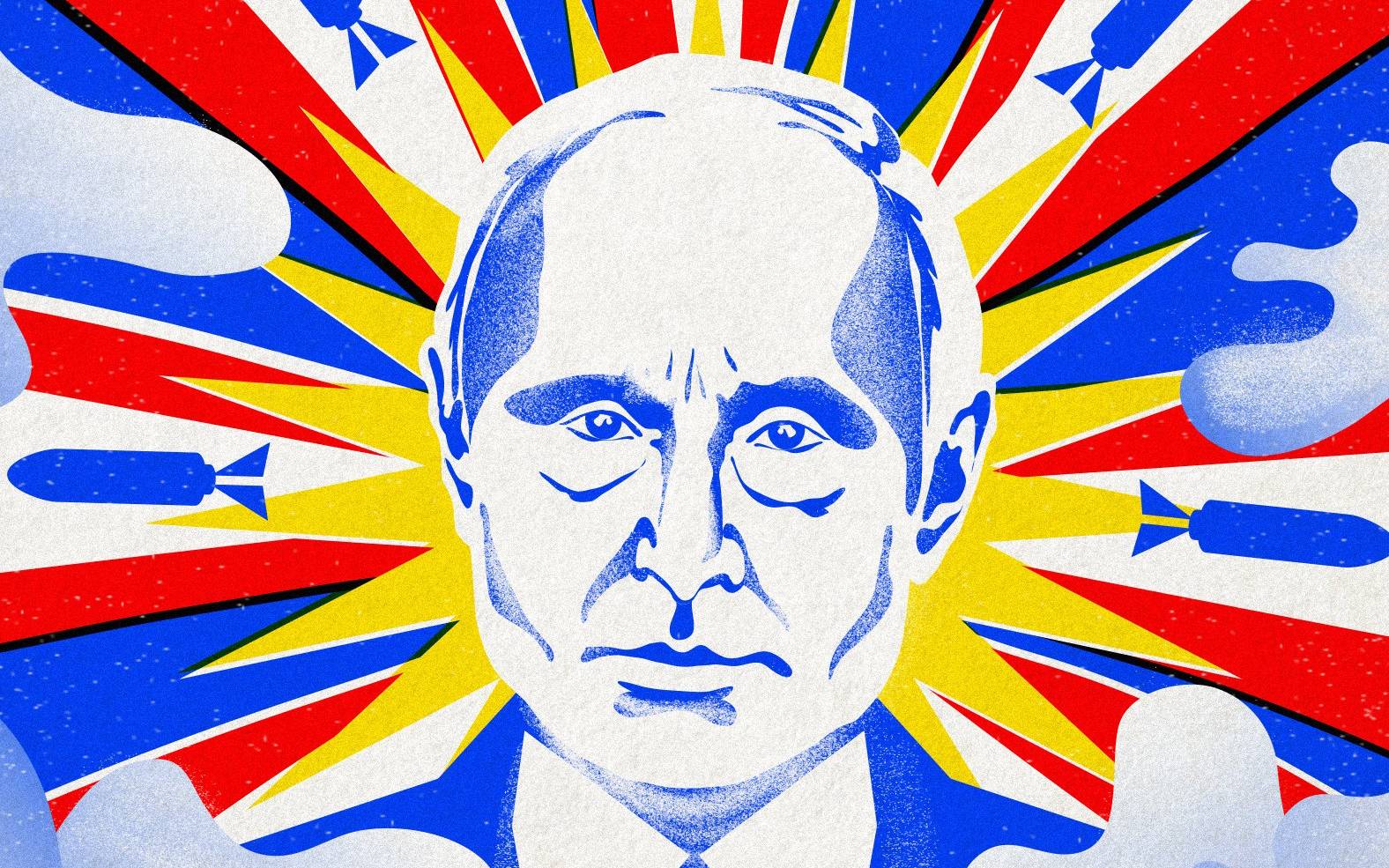 Grafika: niebeski Putin wyłaniający się z chmur w promieniach w kolorach rosyjskiej flagi, wśród rakiet i wybuchów