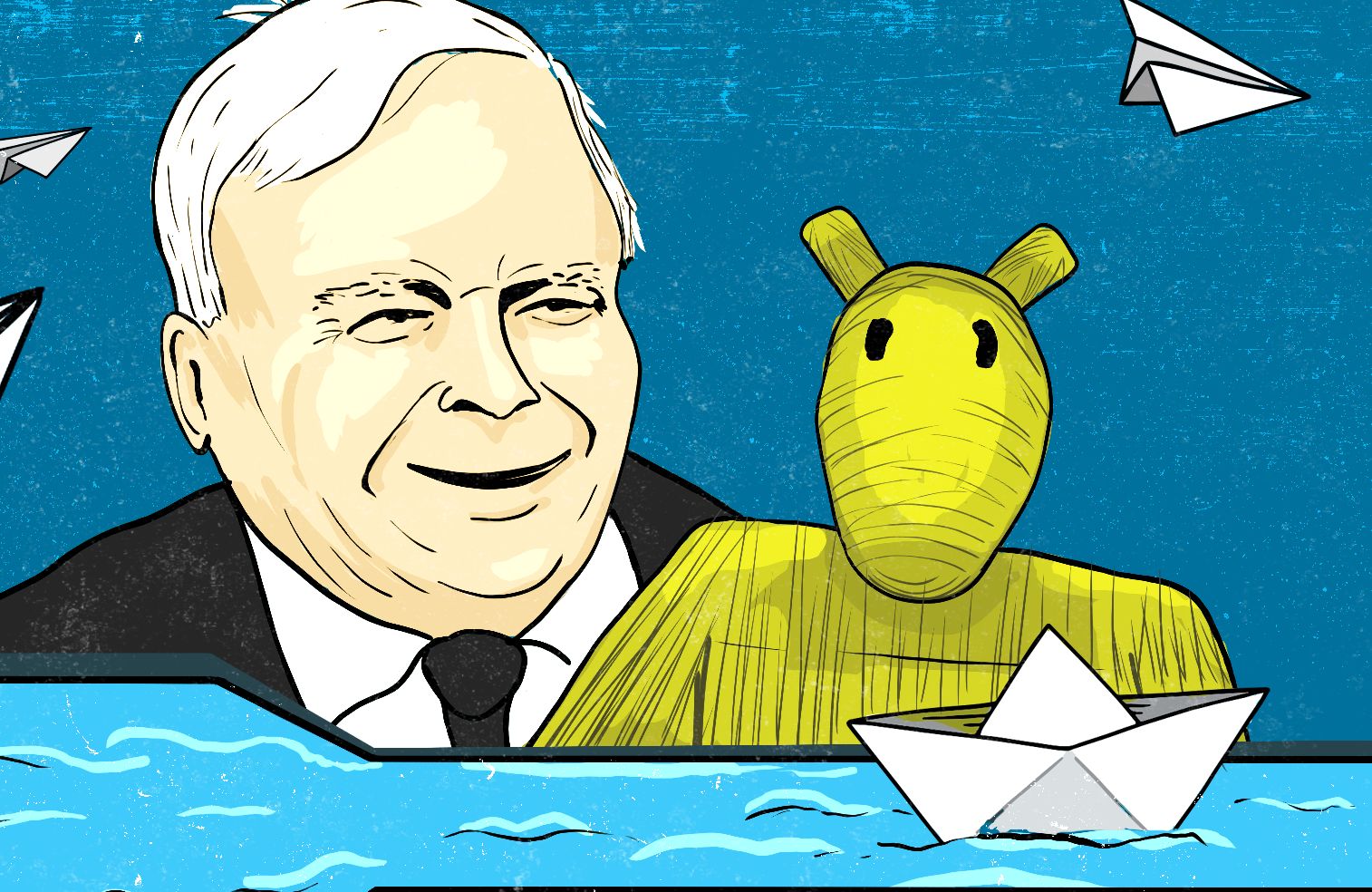Ilustracja przedstawiająca roześmianego Jarosława Kaczyńskiego stojącego nad kanałem Mierzei Wiślanej, trzymającego Misia z filmu "Miś" Stanisława Barei. Kanałem przepływa papierowa łódeczka, za Jarosławem Kaczyńskim na niebie znajdują się papierowe samolociki