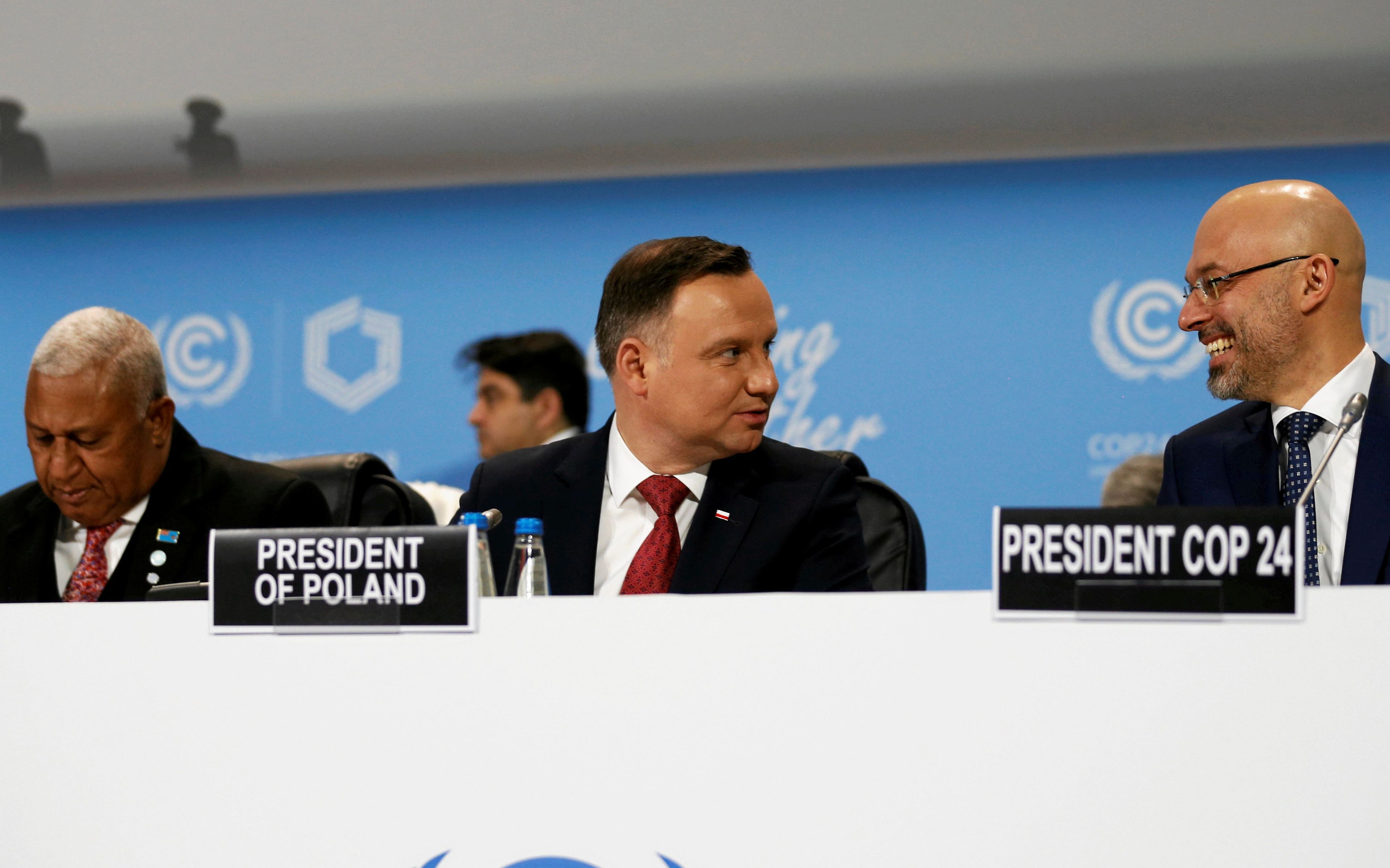 03.12.2018 Katowice . Od lewej : premier Fidzi Frank Bainimarama , prezydent Andrzej Duda i prezydent COP Michal Kurtyka podczas otwarcia szczytu klimatycznego COP 24 . 
Fot. Grzegorz Celejewski / Agencja Gazeta