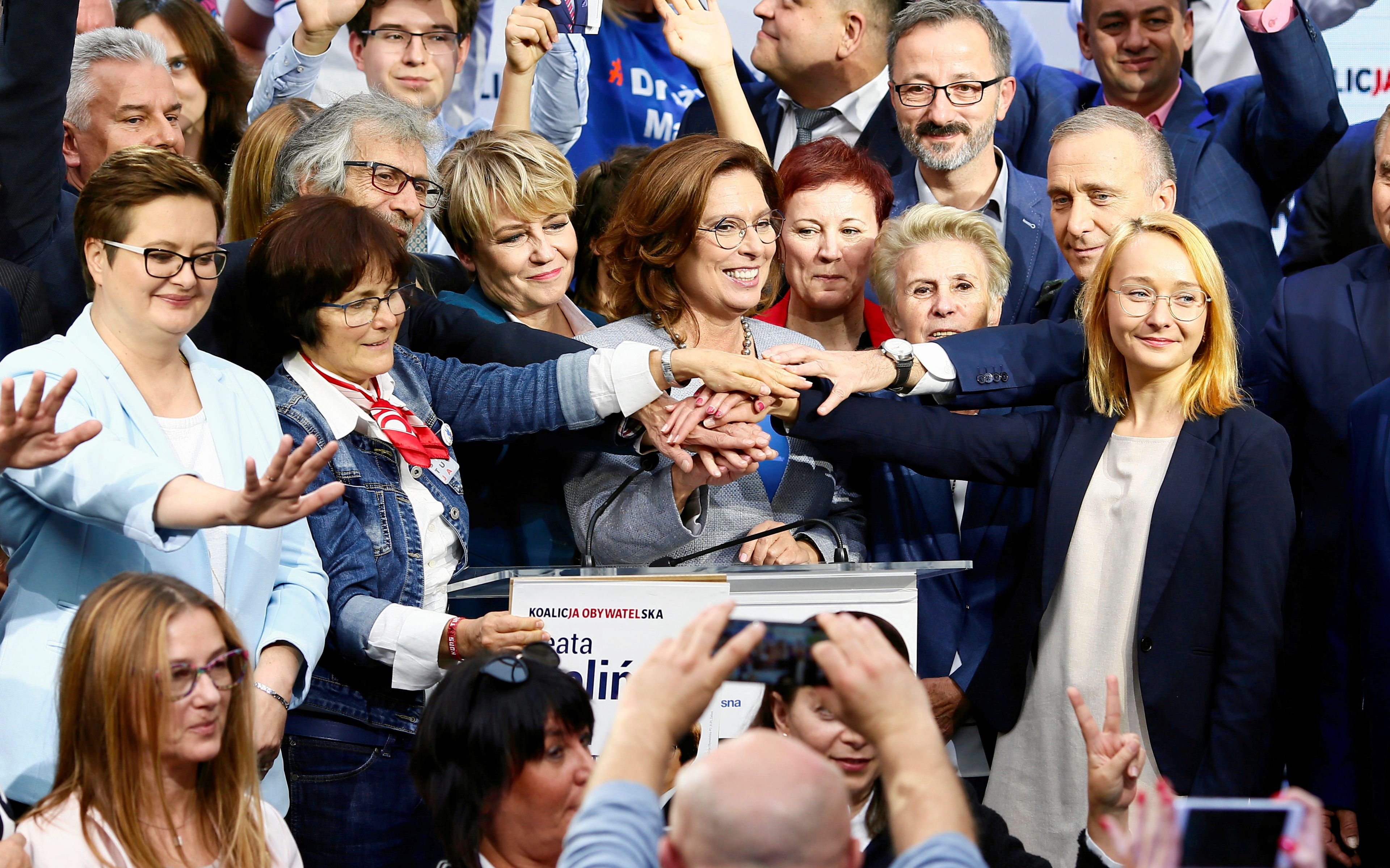 11.10.2019 Lodz .  Aula AHE Hanna Zdanowska , Marek Kosakowski , Grzegorz Schetyna , Barbara Nowacka ,  Bartosz Arlukowicz , Rafal Trzaskowski , 
Malgorzata Kidawa - Blonska , Katarzyna Lubnauer ,  Malgorzata Tracz , Marek Kossakowski  podczas  konwencji Koalicji Obywatelskiej w ostatnim dniu kampanii wyborczej . Fot. Marcin Stepien / Agencja Gazeta