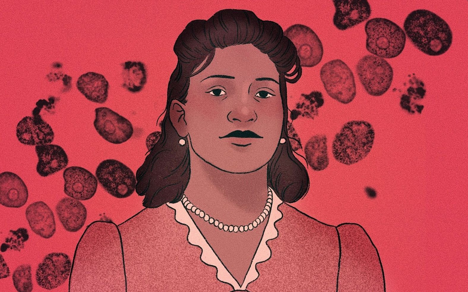 Ilustracja, przedstawiająca kobietę w czerwonej sukience na tle dzielących się komórek.