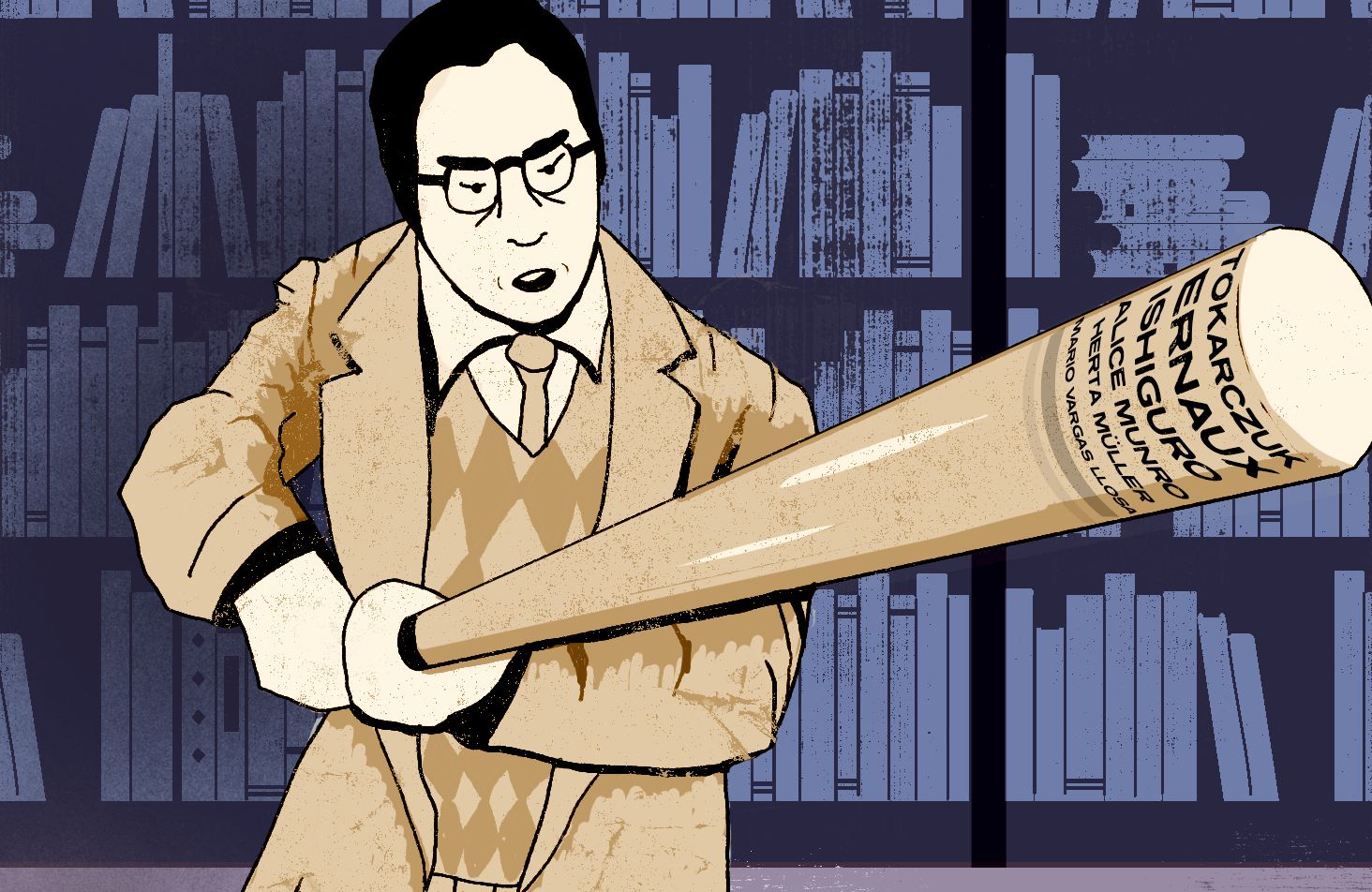 ilustracja przedstawia mężczyznę w garniturze stojącego na tle regałów z książkami, który zamierza się kijem bejsbolowym z nazwiskami modnych elitarnych pisarzy