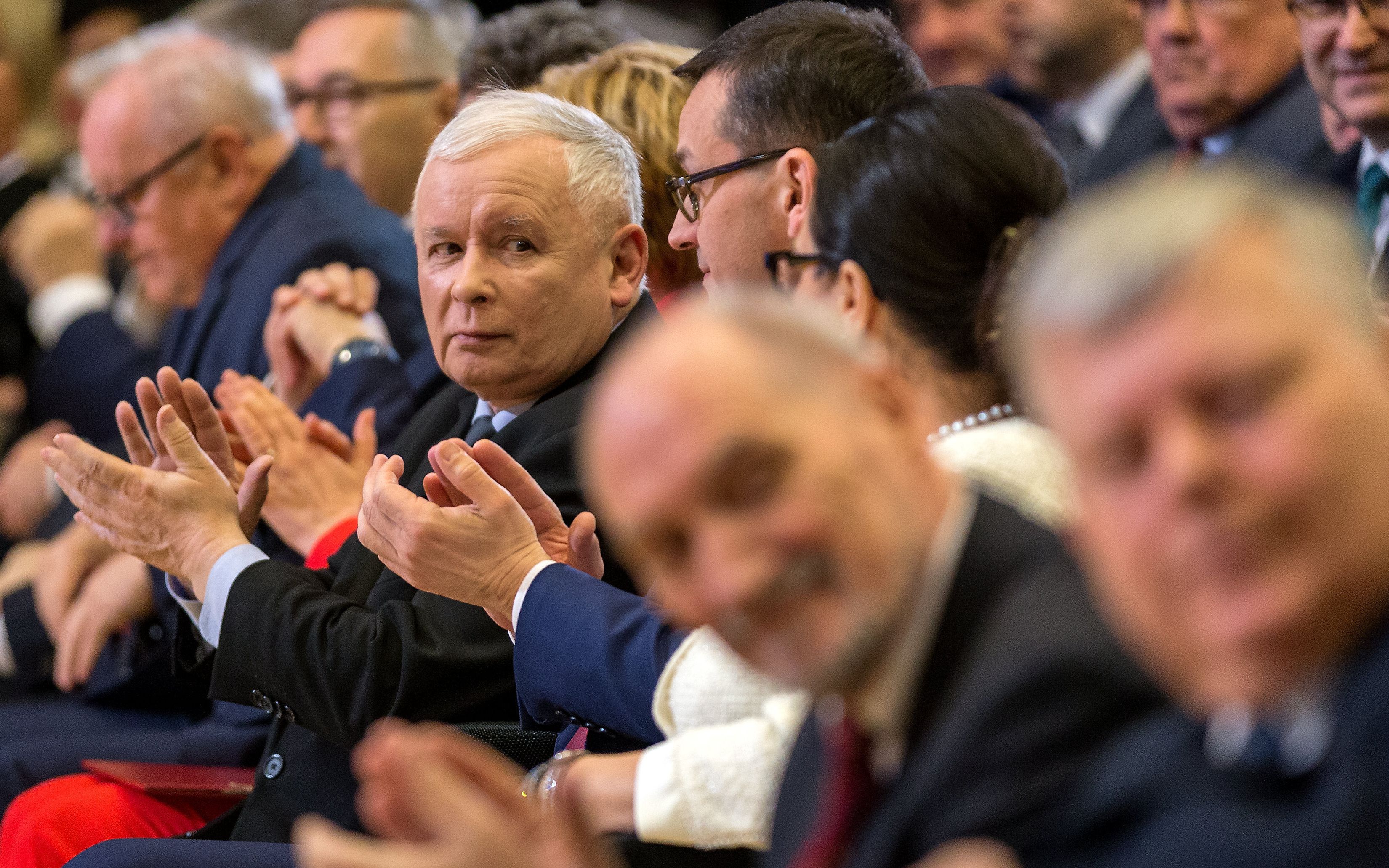 16.03.2019 Katowice , MCK . Jaroslaw Kaczynski i Mateusz Morawiecki podczas konwencji Prawa i Sprawiedliwosci przed wyborami do Europarlamentu .
 Fot. Grzegorz Celejewski / Agencja Gazeta
