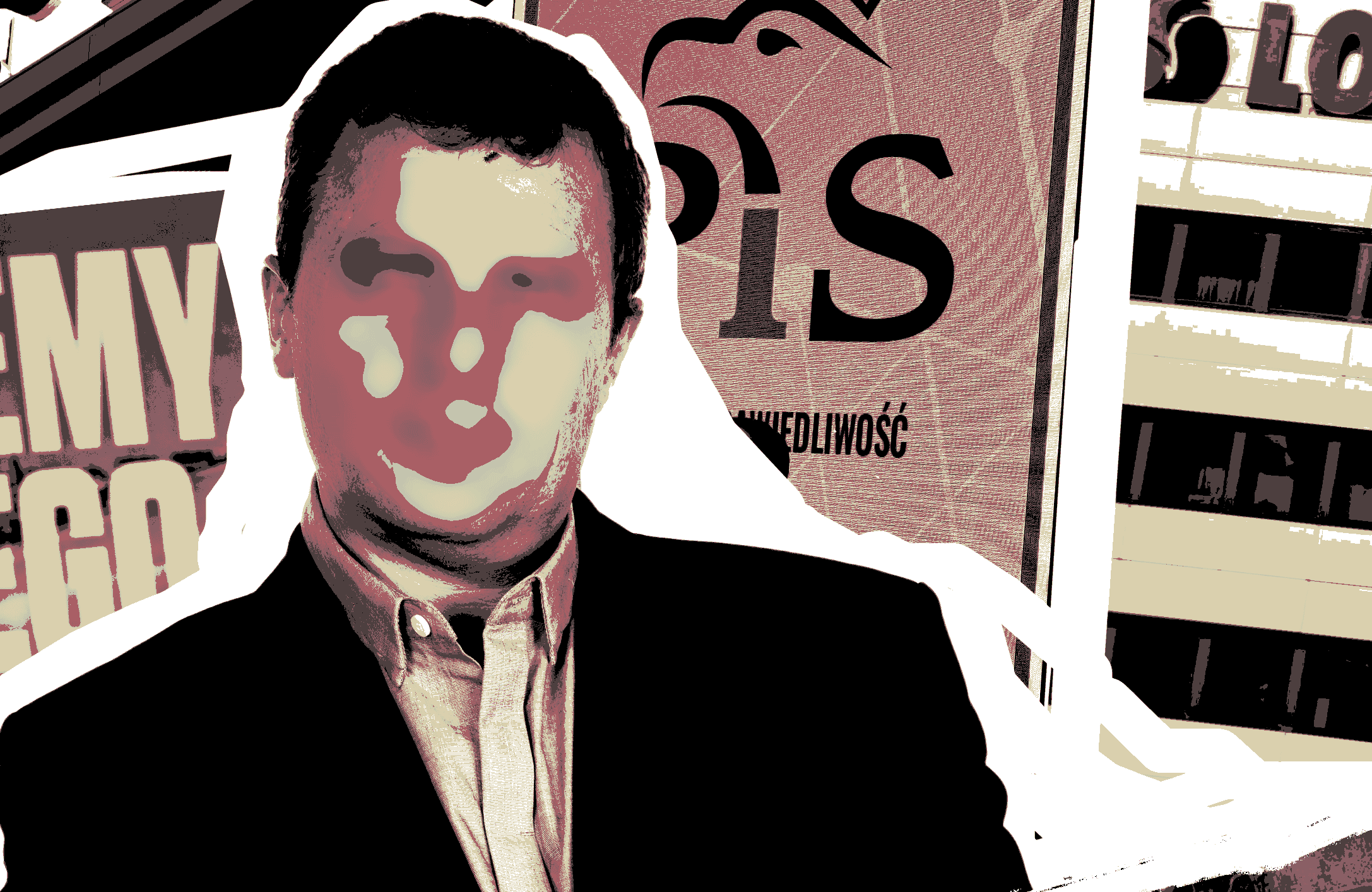 Ilustracja przedstawiająca mężczyznę na tle logo PiS, Lotosu, Orlenu i banknotów.