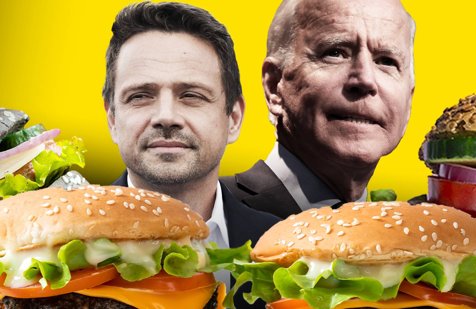 Rafał Trzaskowski i Joe Biden otoczeni przez hamburgery