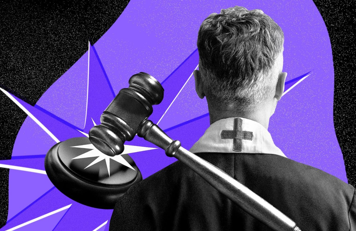 Ilustracja przedstawiająca sędziowski młotek ogłaszający wyrok oraz postać księdza w sutannie odwróconego tyłem do widza.