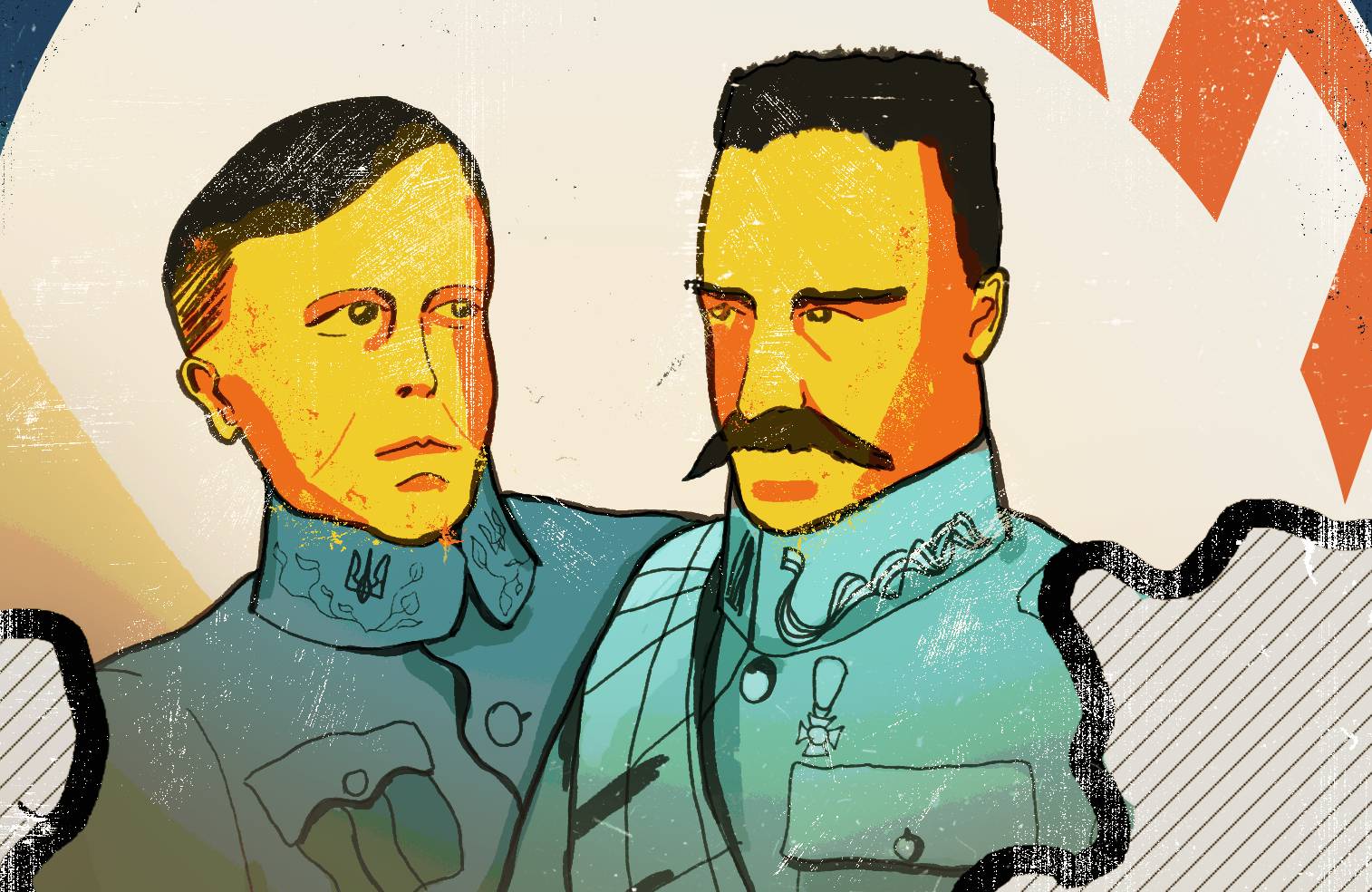 Ilustracja - obok siebie znajdują się Symon Petlura i Józef Piłsudski, obaj są w mundurach, w tle znajduje się okrąg z napisem "PKP" cyrylicą, na pierwszym planie jest kontur mapy z granicami Ukraińskiej Republiki Ludowej