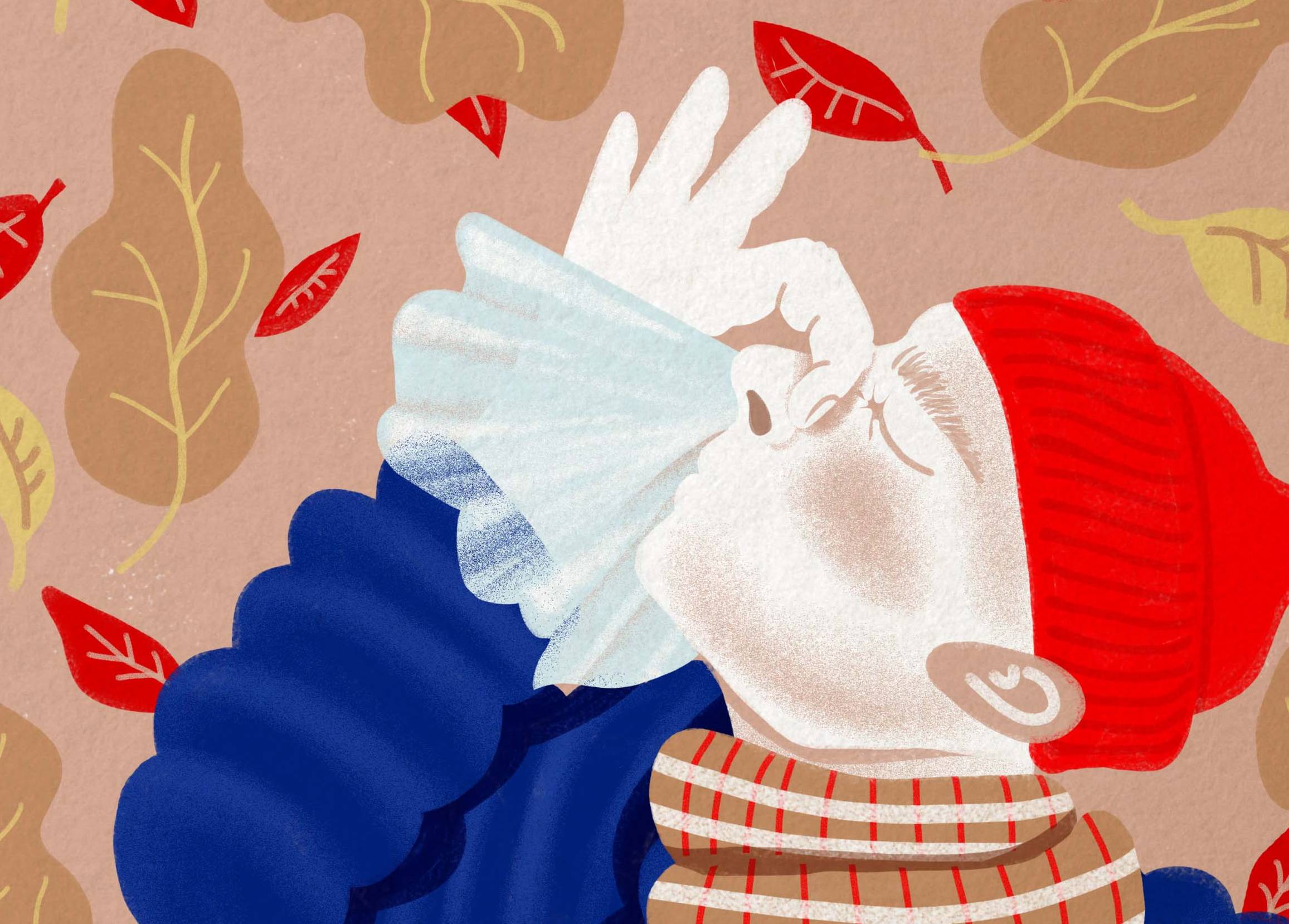 Rysunek przedstawia kichającego osobnika w czapce i z dużym szalikiem wokół szyi