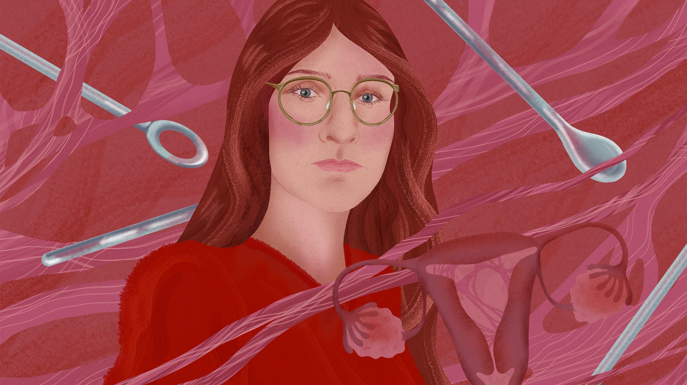 Rysunek długowłosej kobiety w okularach. Wokół niej łyżeczki aborcyjne i czerwone smugi