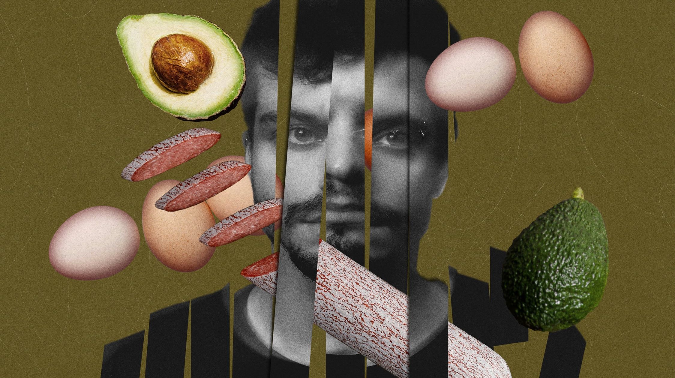 Czarnobiała fotografia głowy mężczyzny pocięta na pionowe, w tle różne potrawy, jaja, kiełbasa, kiwi paski