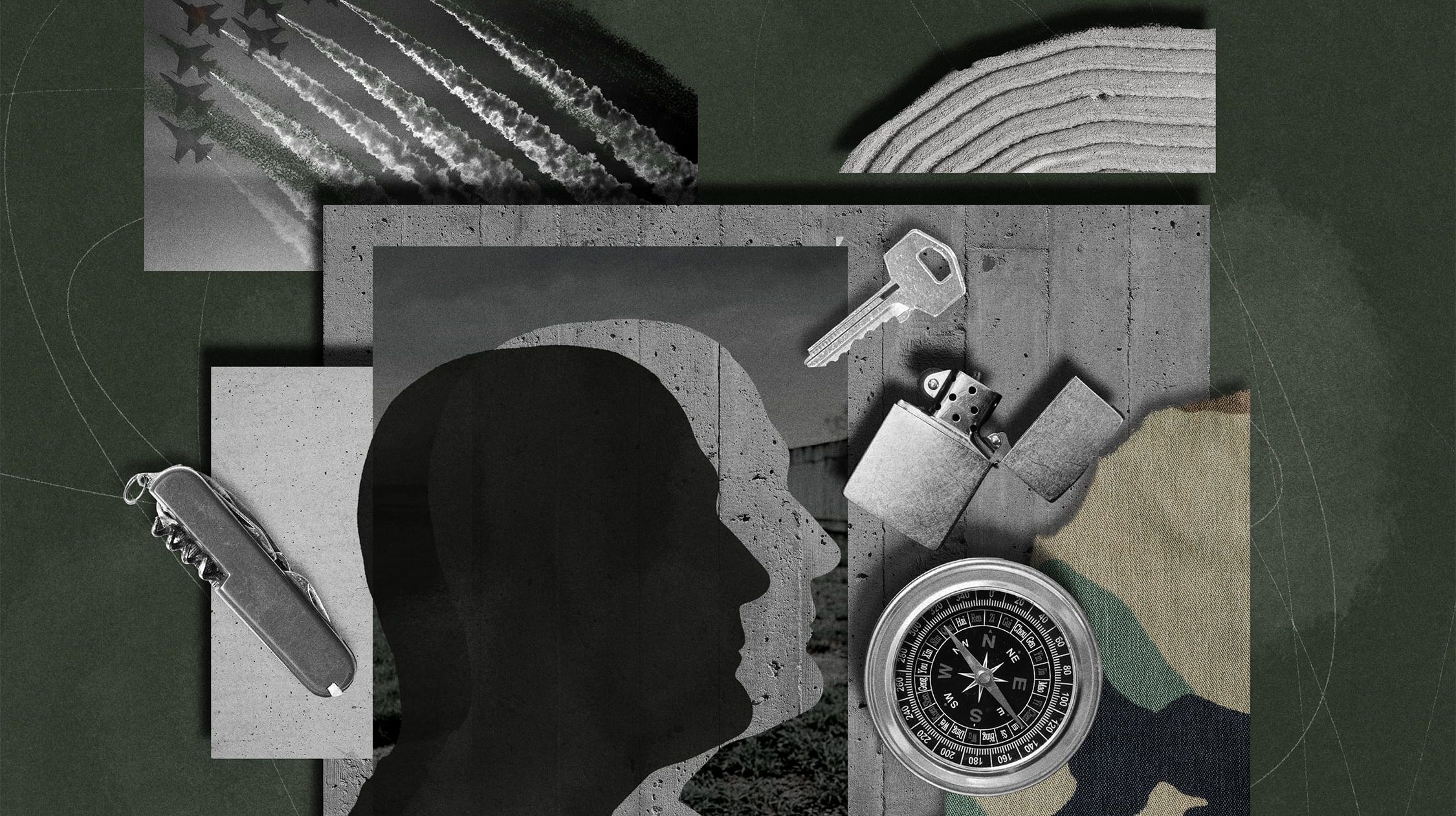 Kolaż: profil człowieka, kompas, samoloty na niebie, scyzoryk, klucz, mapy.