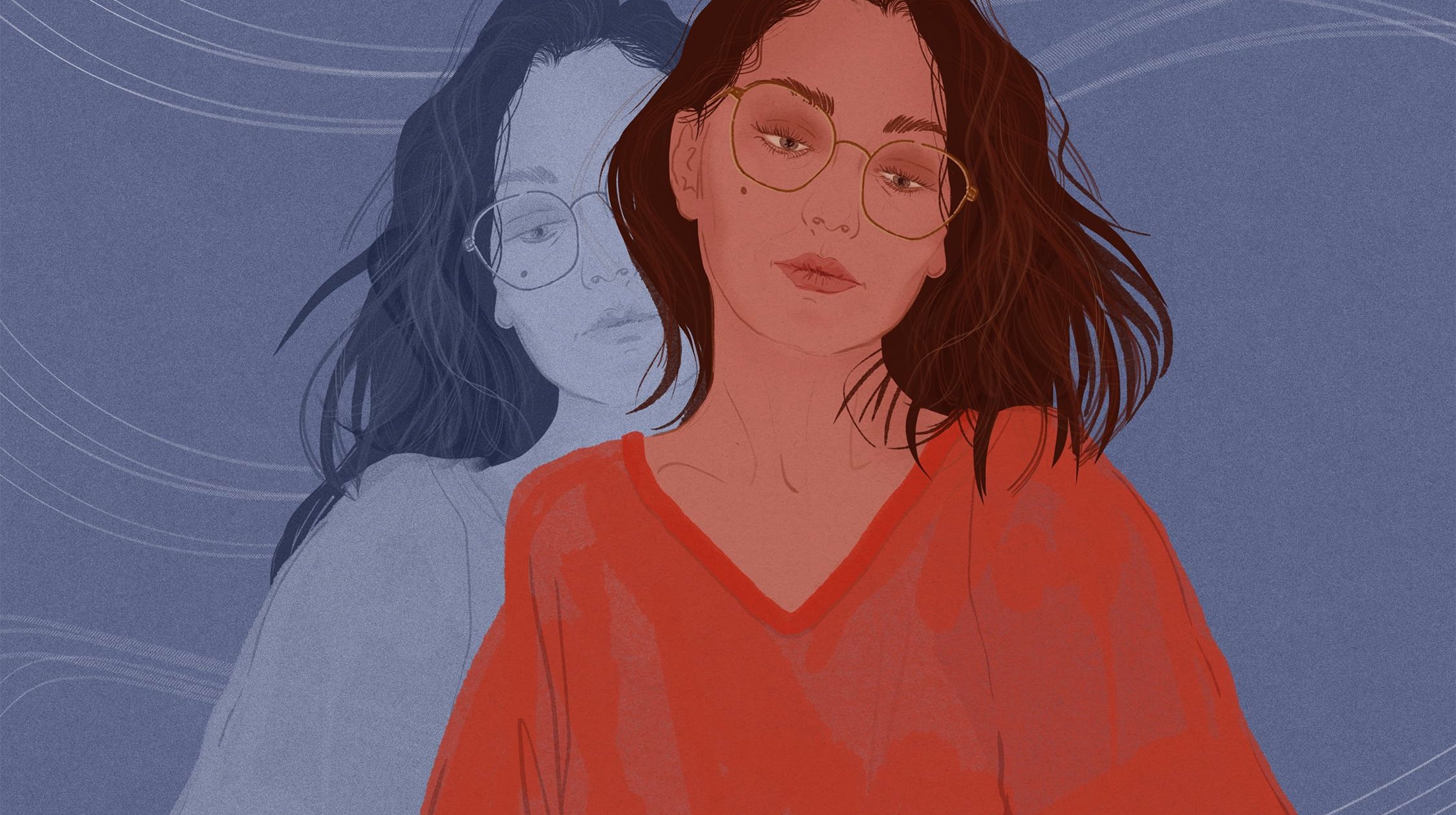 na ilustracji kobieta w czerwonej koszulce i za nią jej cień