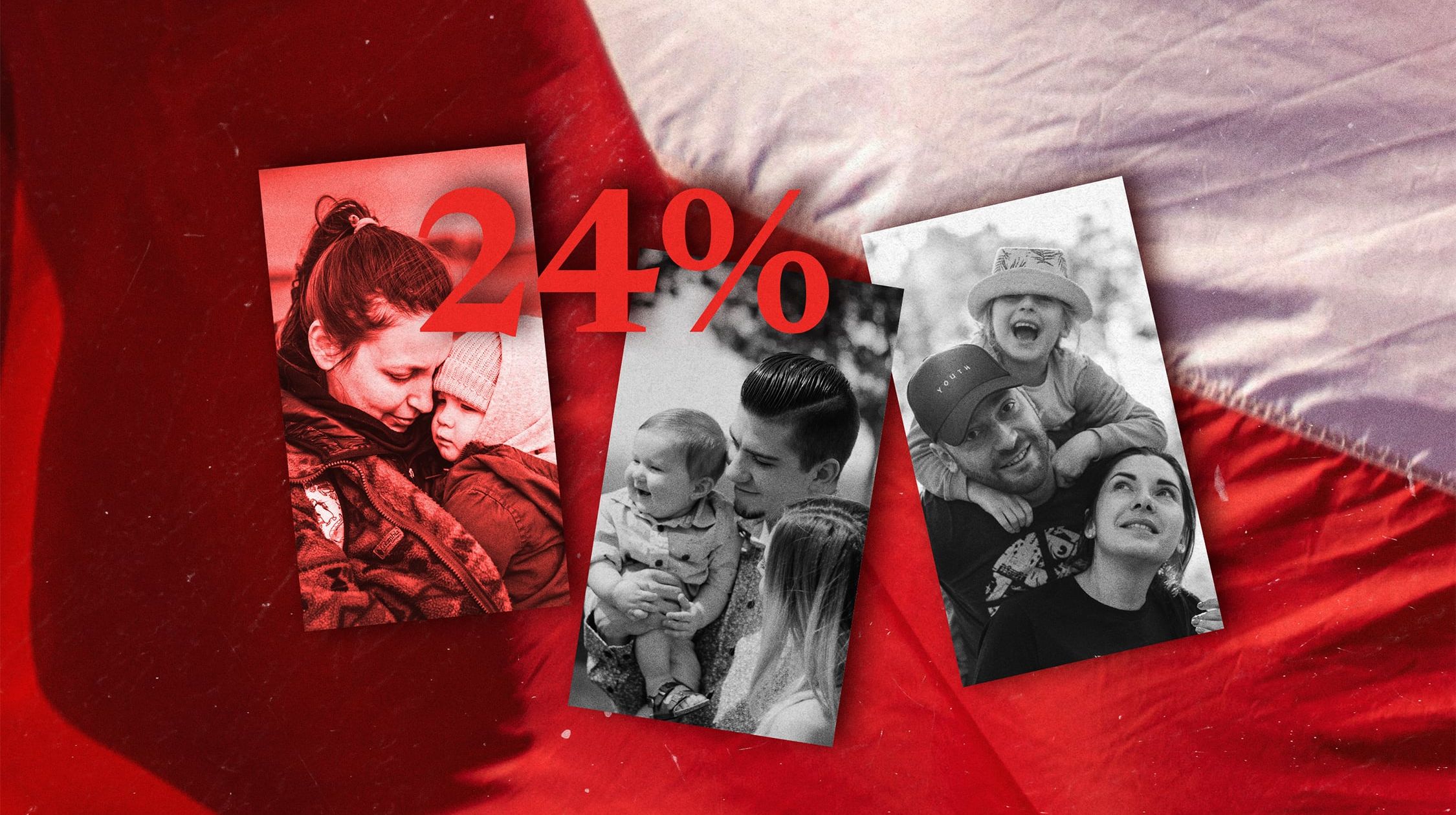Fotografie kobiet z dziećmi na tle białoczerwonej tkaniny