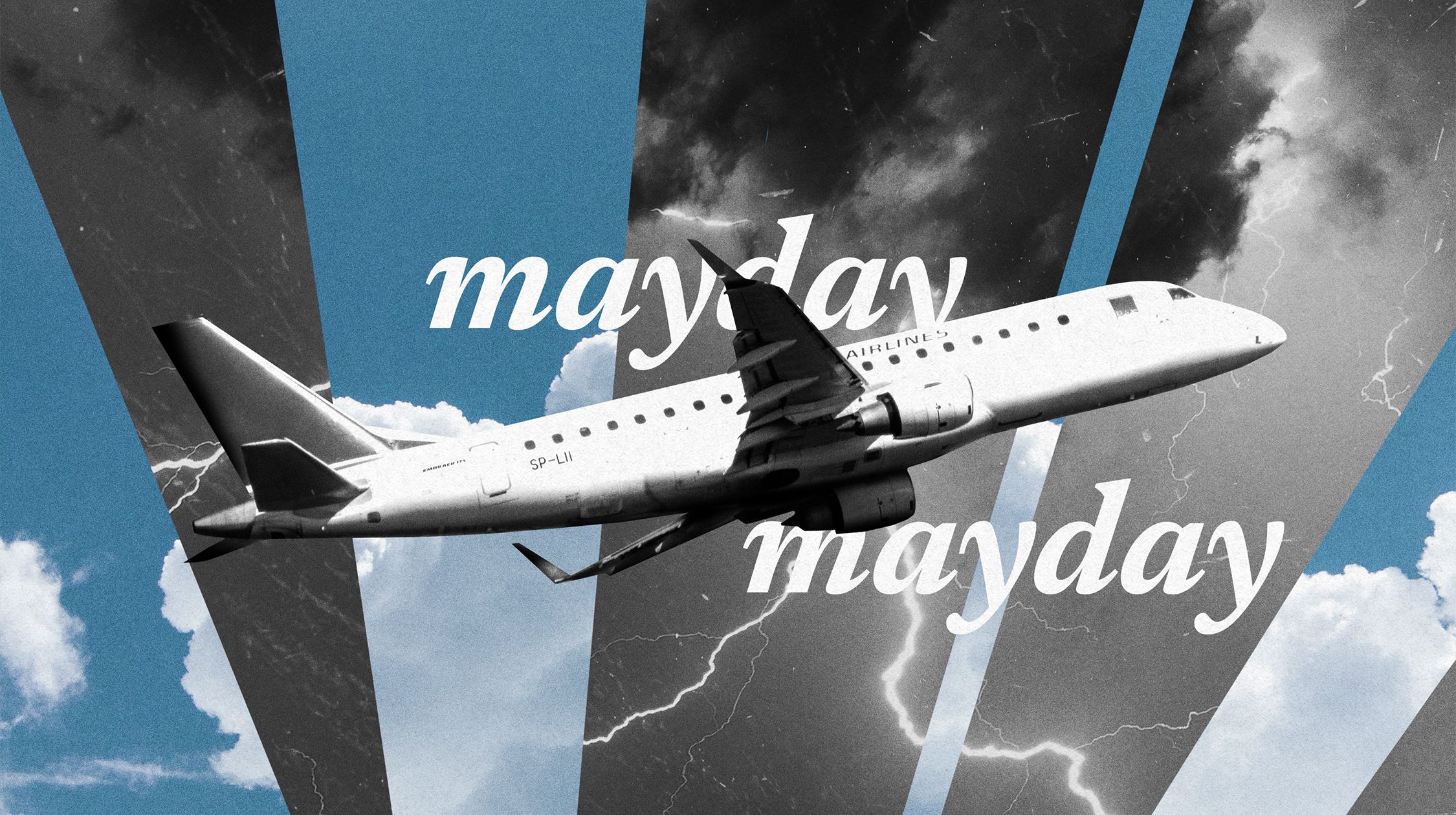 Kolaż. Widać lecący samolot pasażerski i napisy: mayday, mayday.